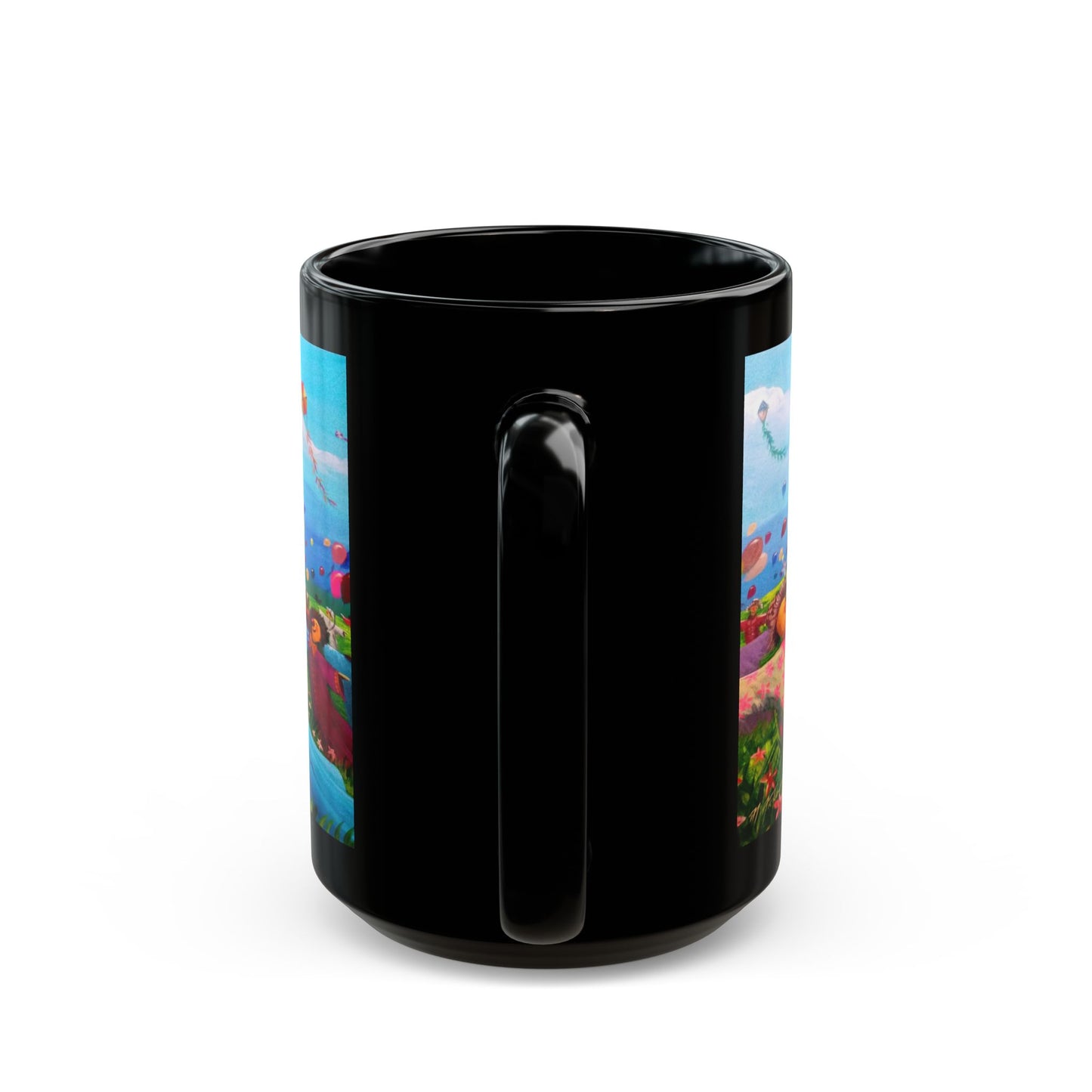 Black Ceramic Mug — Whimsical Kite Festival Art (11oz & 15oz)
