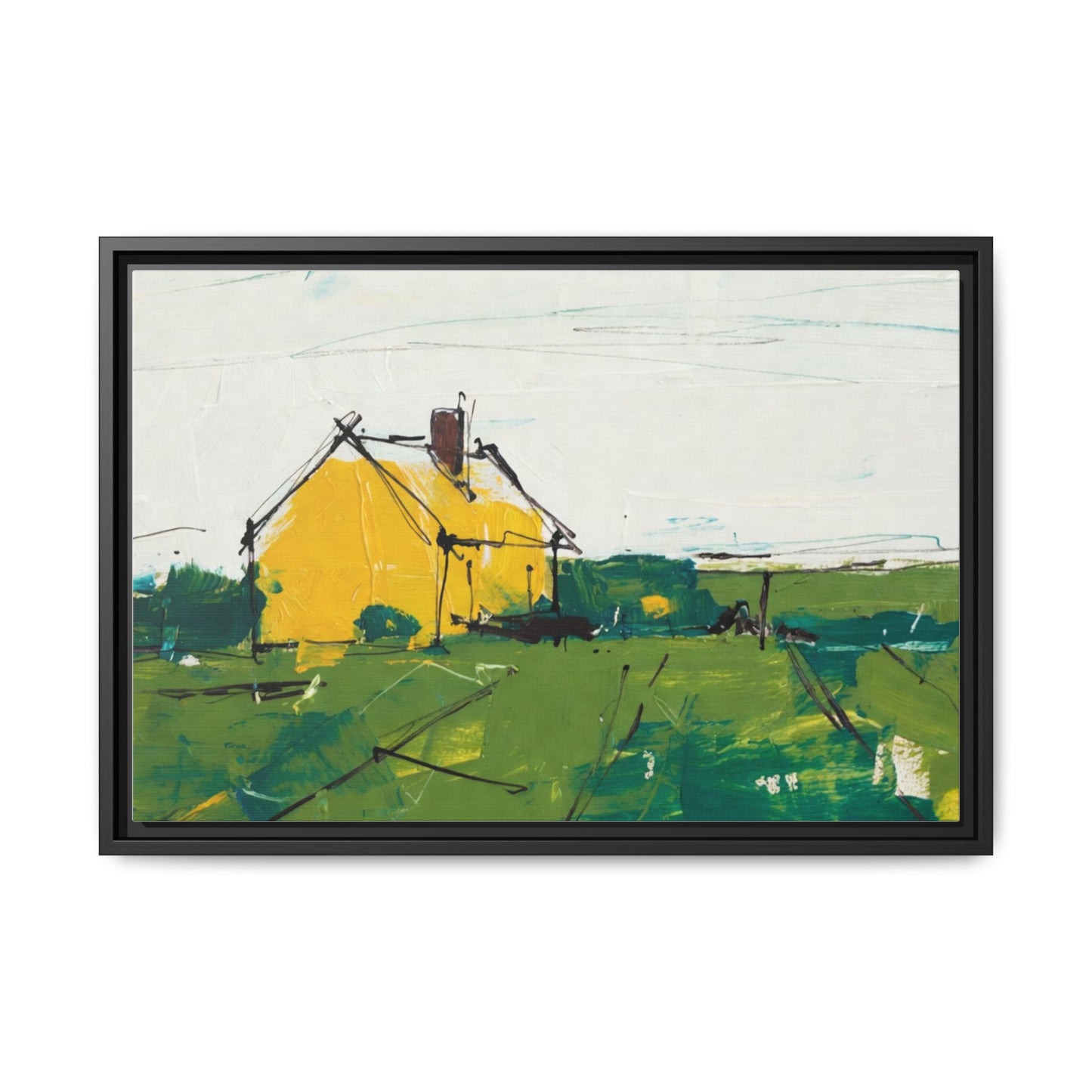 Yellow Cottage Landscape Framed Canvas Print
