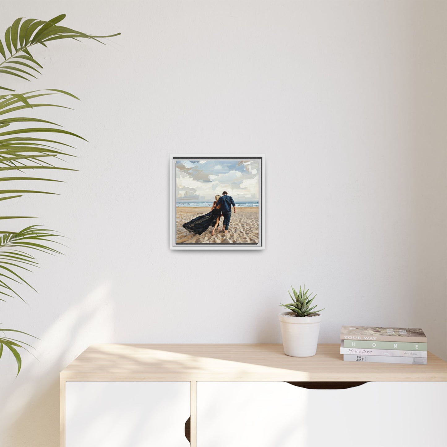 Framed Canvas Wall Art — Romantic Couple Walking on Beach Print