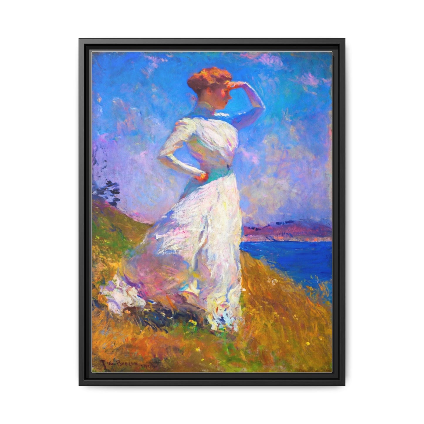 Framed Matte Canvas Art - Woman in White Seaside Impressionist Print