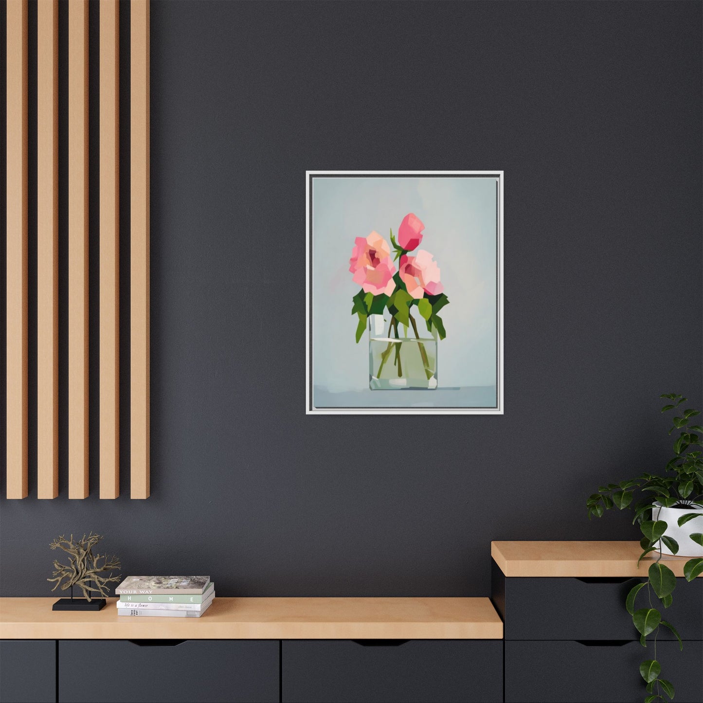 Framed Floral Canvas Print — Pink Roses in Glass Vase (Matte)