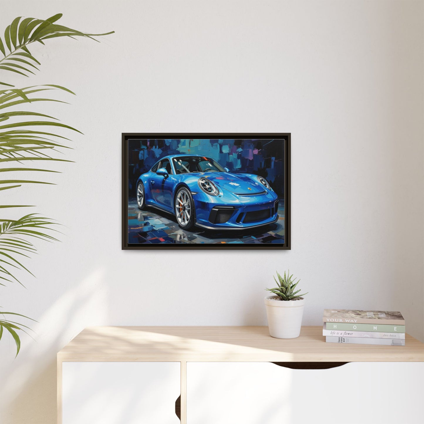 Blue Sports Car Matte Canvas Framed Print — Modern Automotive Wall Art
