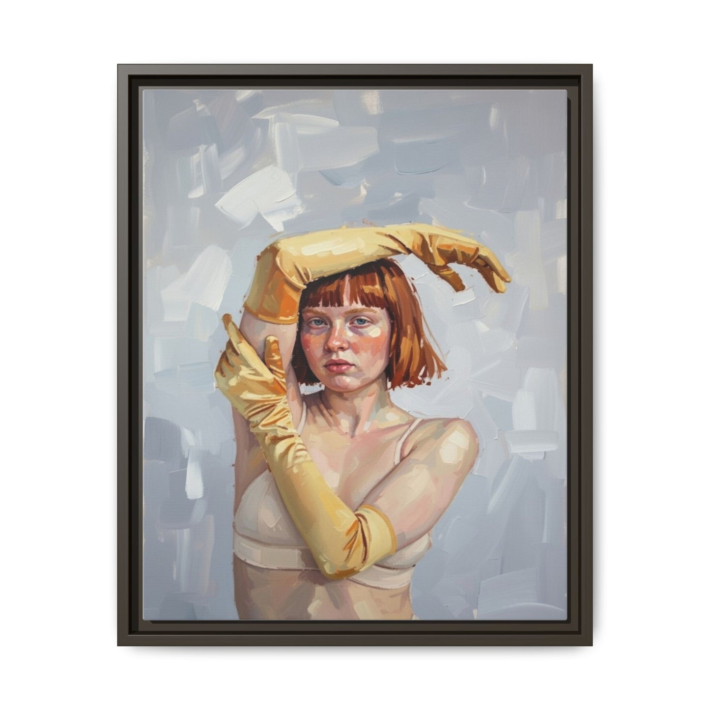 Contemporary Portrait Canvas Print — Woman with Yellow Gloves (Framed Matte)