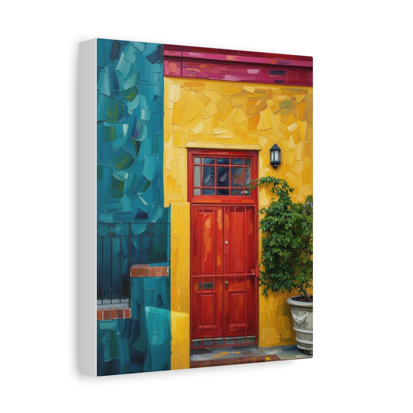 Colorful Doorway Canvas Wall Art — Vibrant Yellow & Teal Street Scene, Matte Stretched Print
