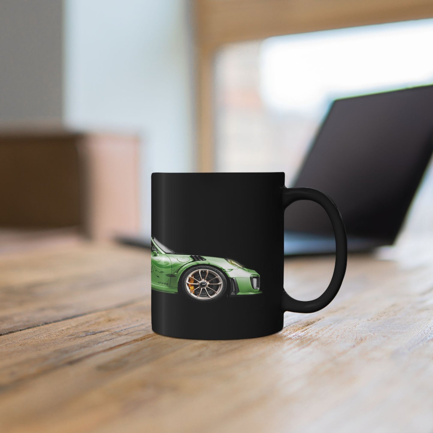 Green Sports Car Mug — Black Ceramic Coffee Cup for Car Enthusiasts (11oz/15oz)