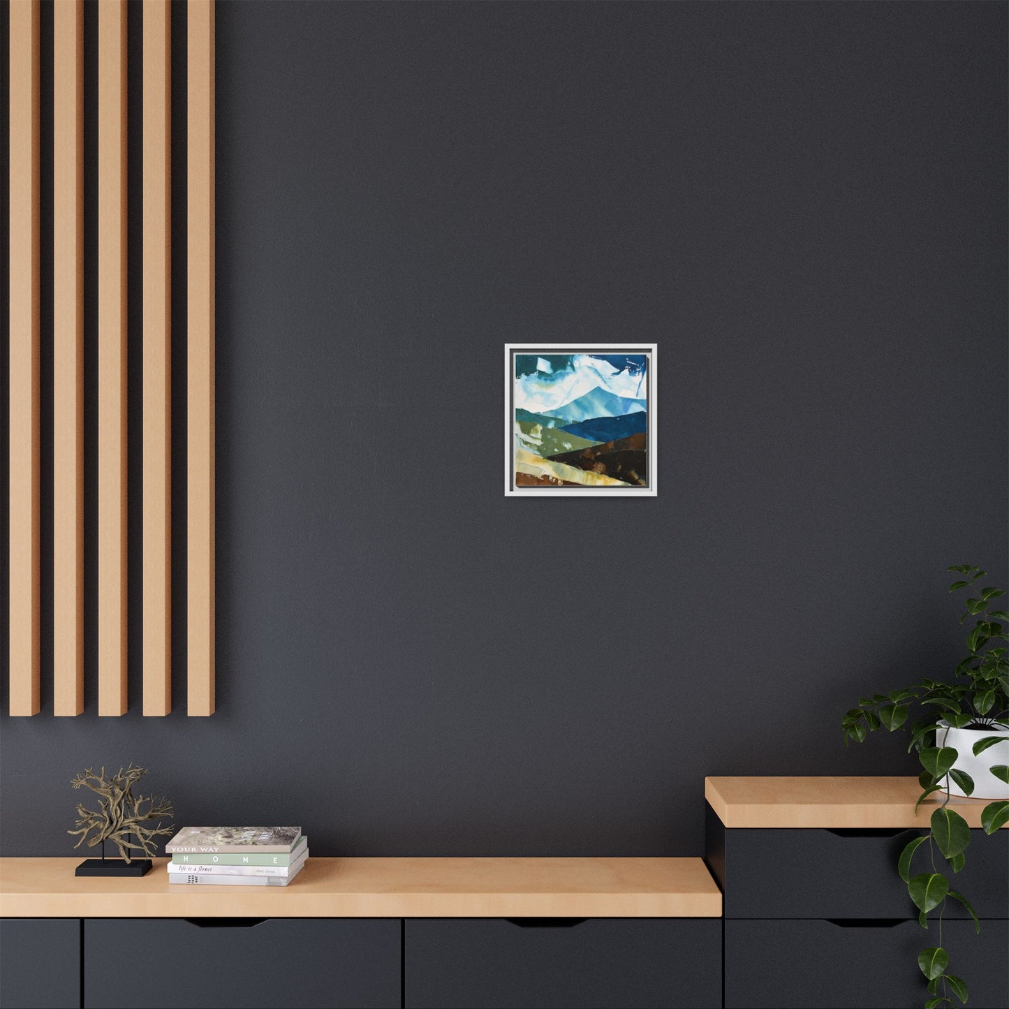 Framed Abstract Mountain Canvas Art — Blue & Earthtone Landscape Print