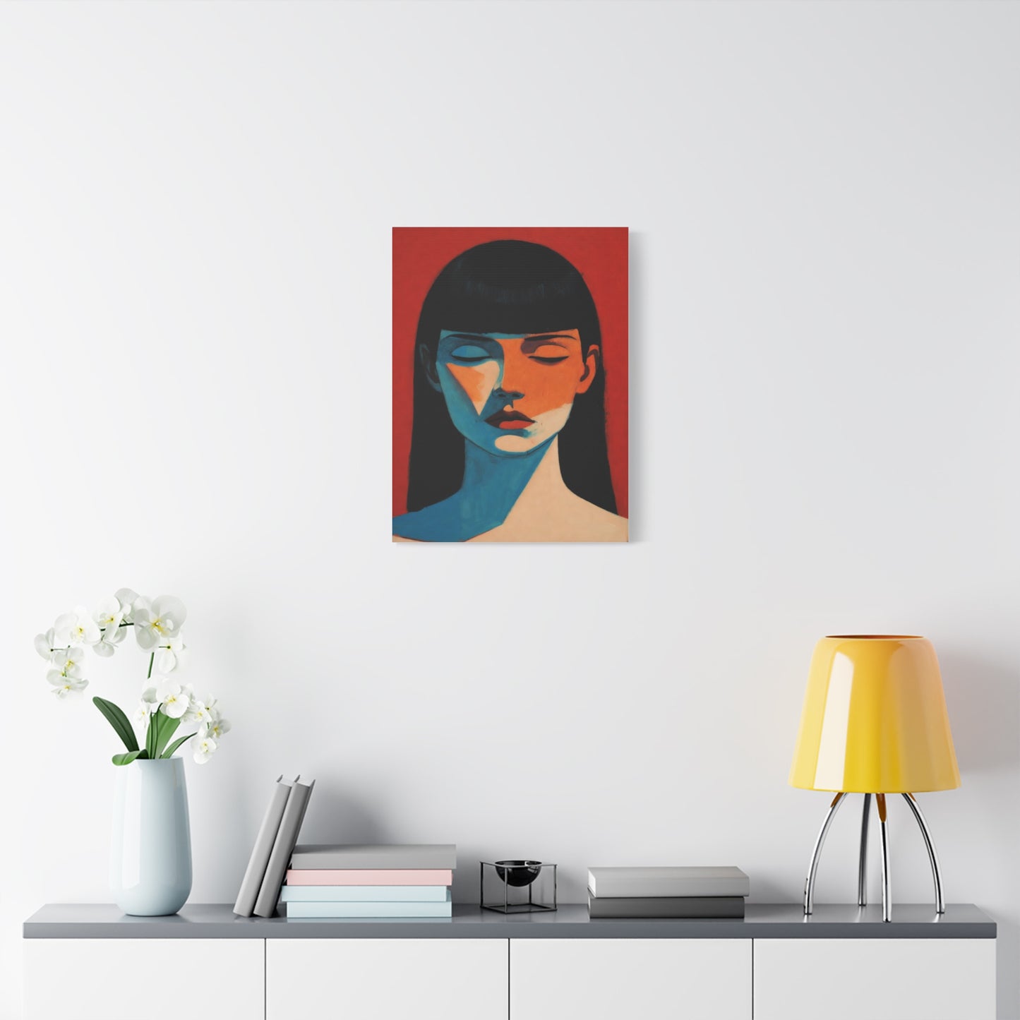 Portrait Canvas Wall Art — Modern Minimalist Woman in Red & Blue