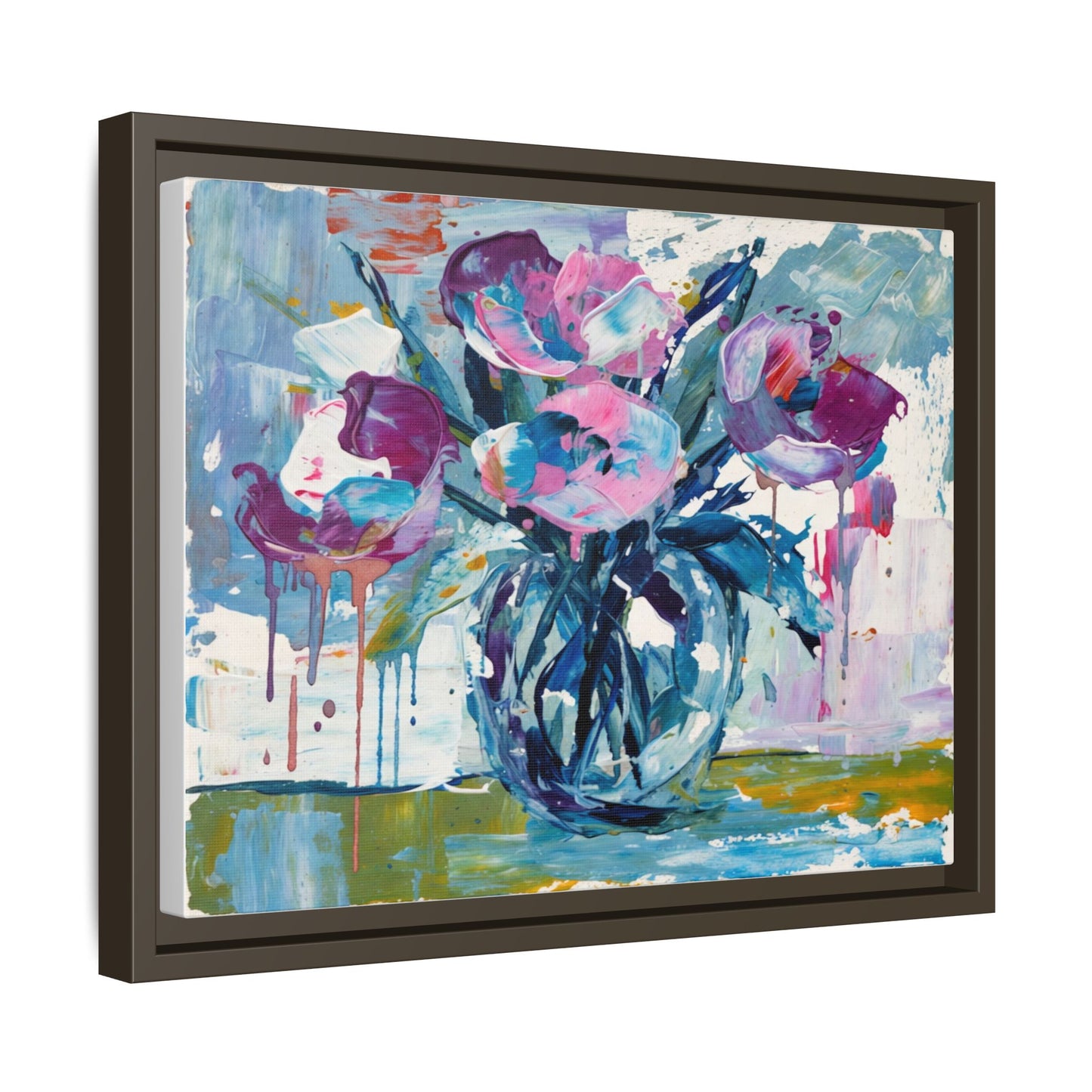 Framed Floral Canvas Art — Abstract Pink & Blue Bouquet