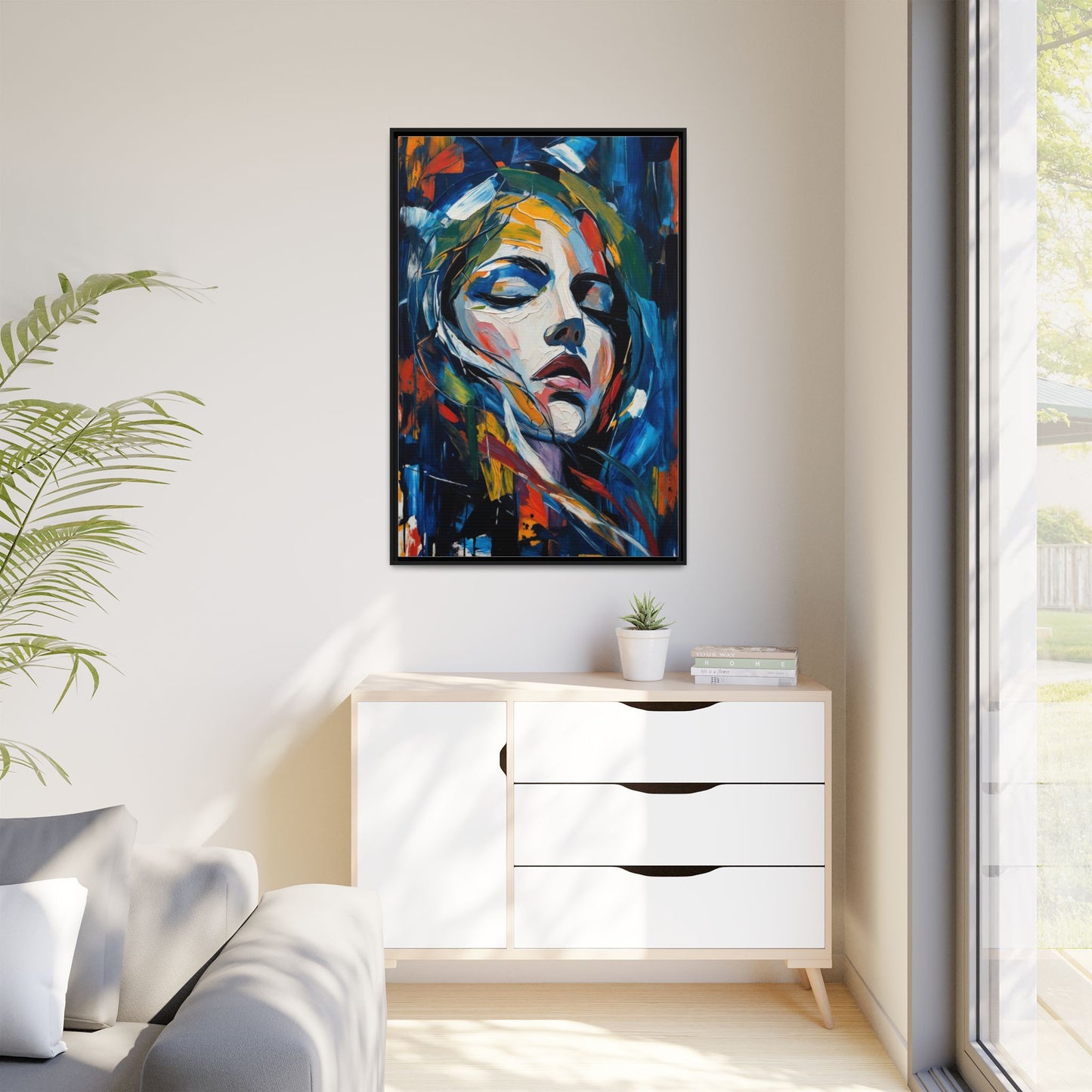 Abstract Colorful Woman Portrait — Framed Matte Canvas Wall Art