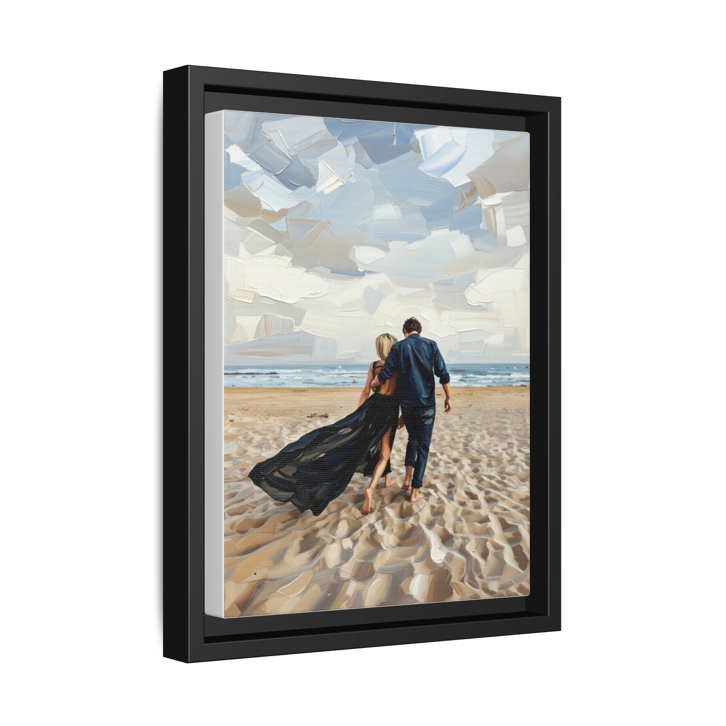 Framed Canvas Wall Art — Romantic Couple Walking on Beach Print