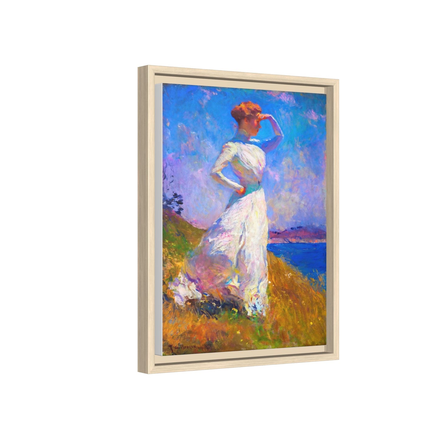 Framed Matte Canvas Art - Woman in White Seaside Impressionist Print