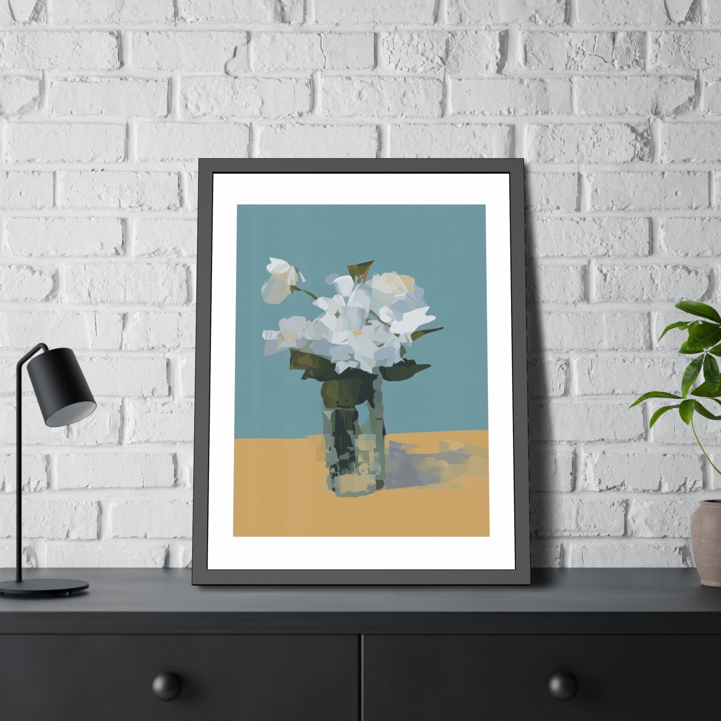 Framed Floral Poster - Modern White Blossoms in Vase Wall Art