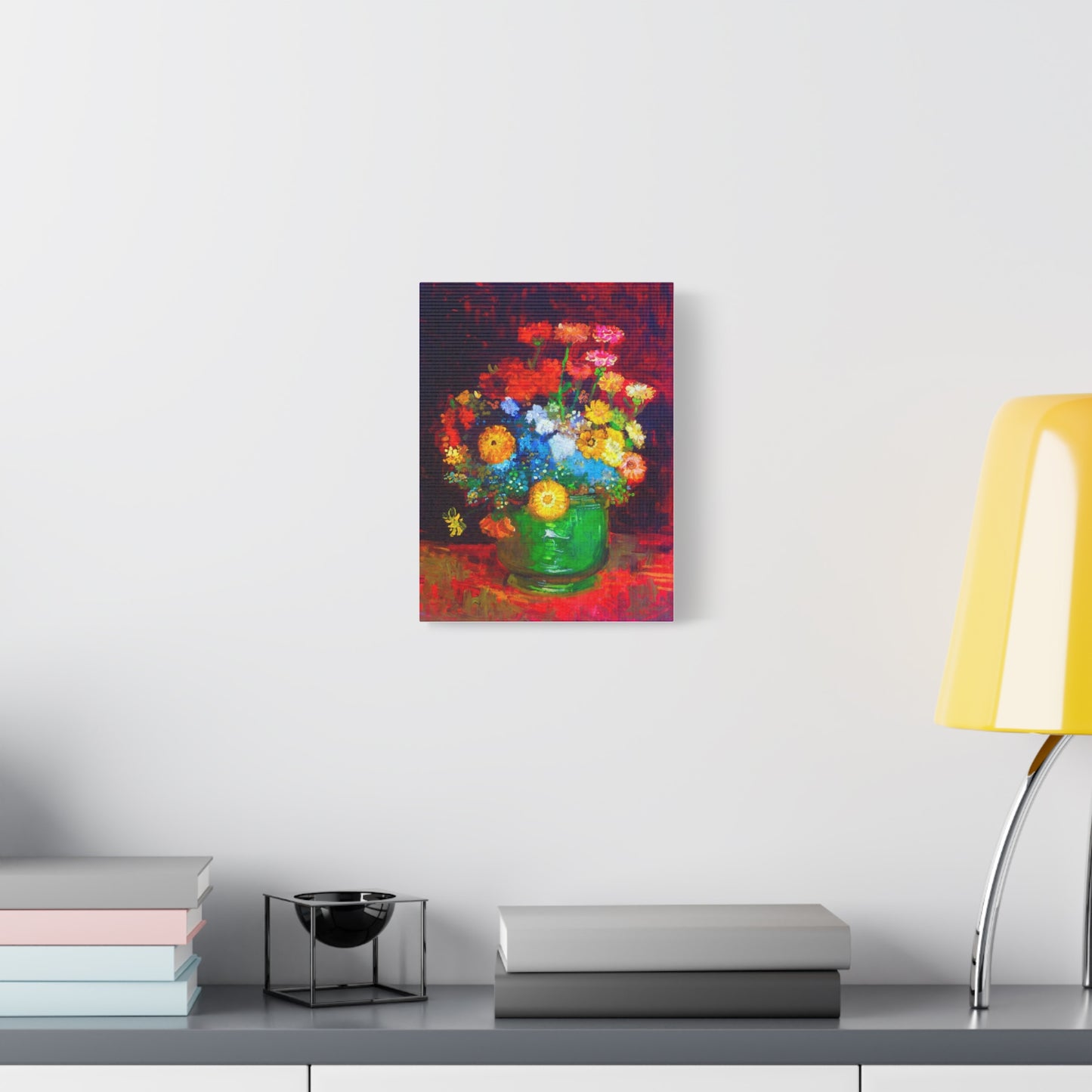 Floral Still Life Canvas Print — Vibrant Bouquet in Green Vase