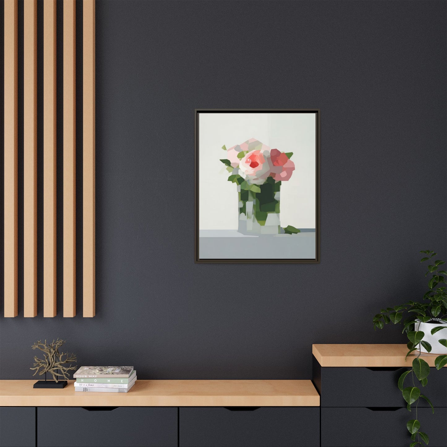 Framed Floral Canvas Print — Modern Pink Roses Still Life