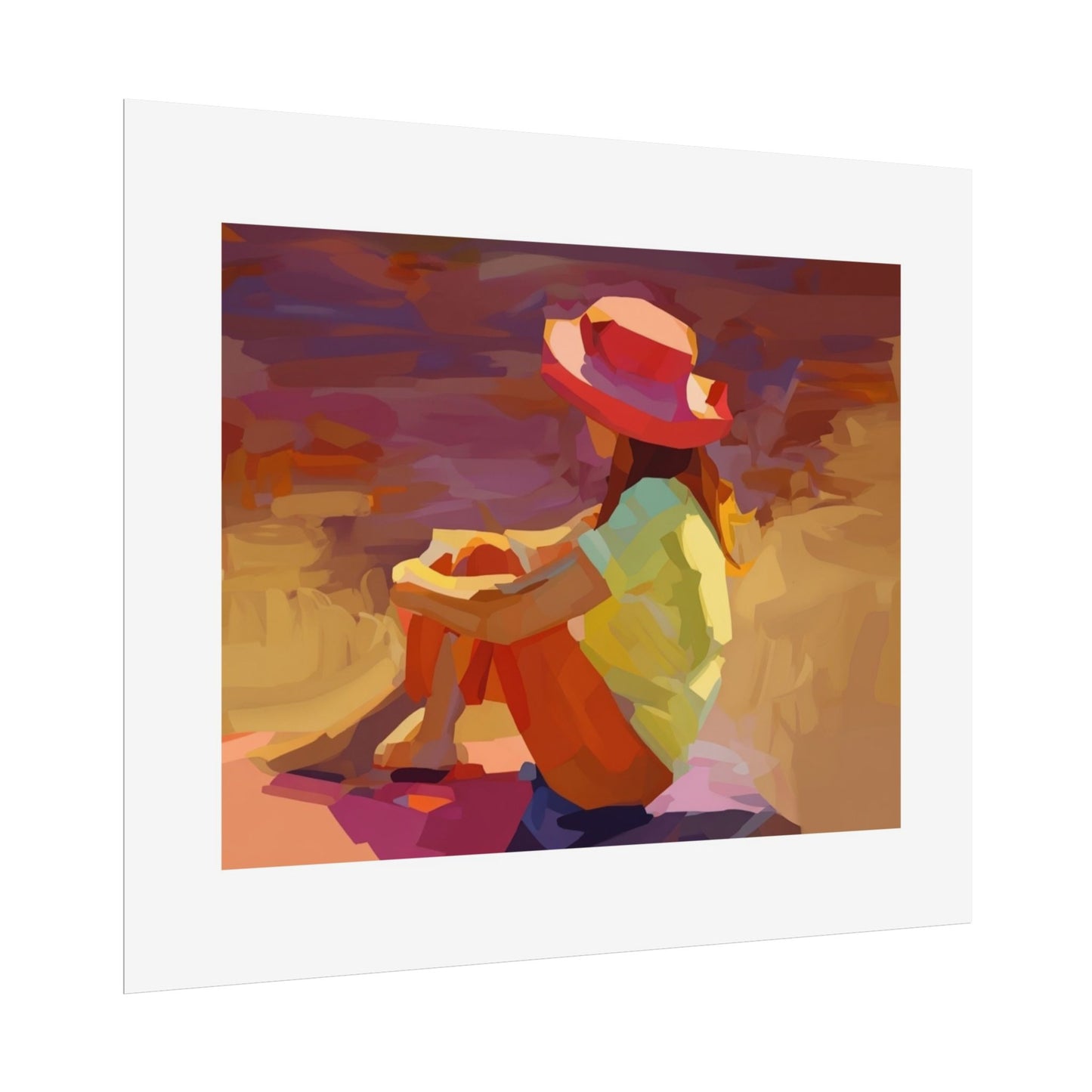 Sunset Daydream Rolled Poster — Colorful Girl in Hat Beach Art Print