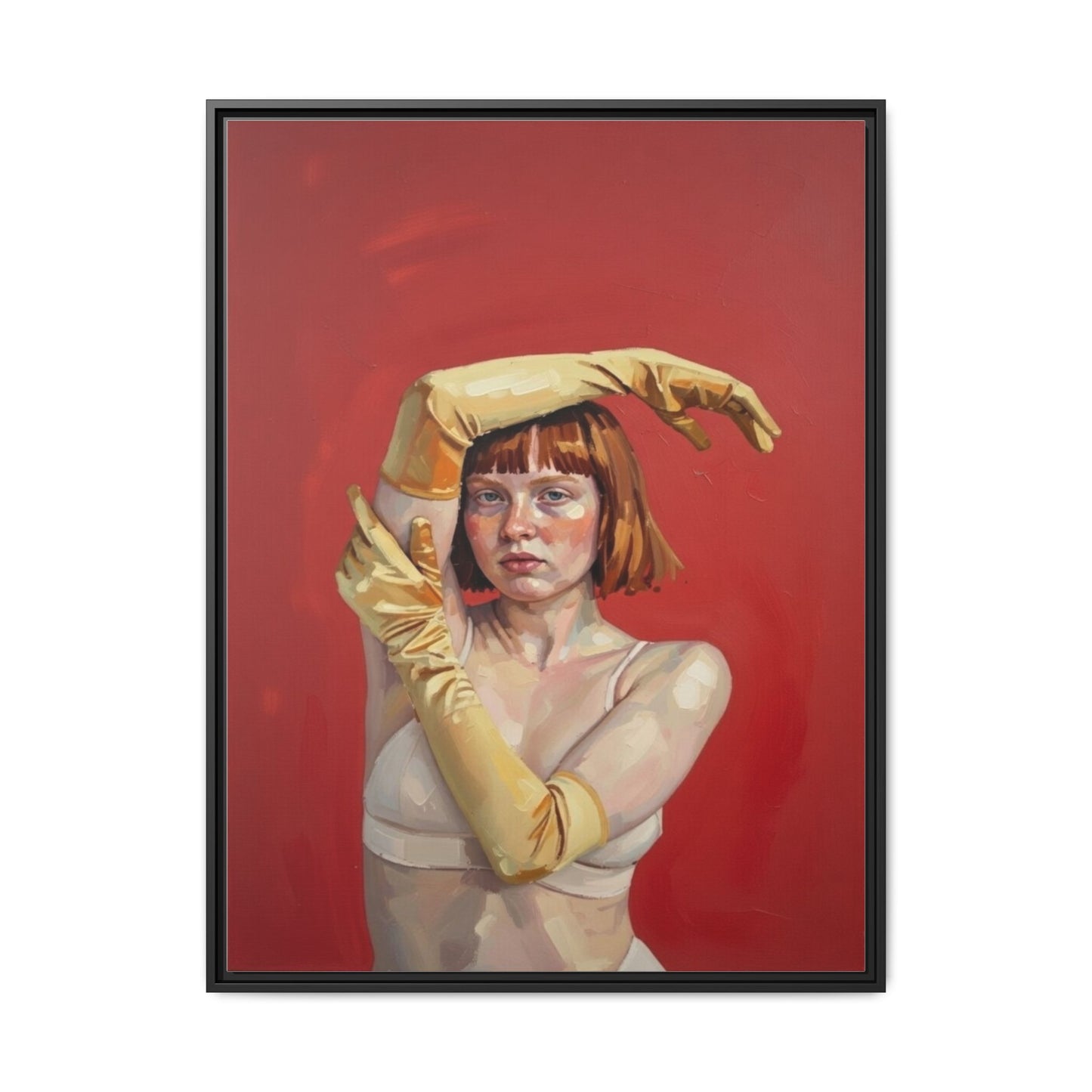 Framed Matte Canvas Art - Portrait of Woman in Yellow Gloves (Red Background)