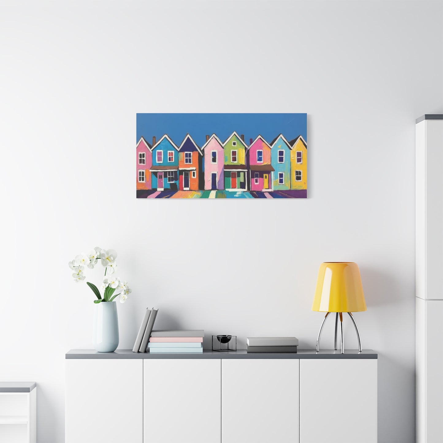 Colorful Row Houses Matte Canvas Print Vibrant Coastal Neighborhood Wall Art