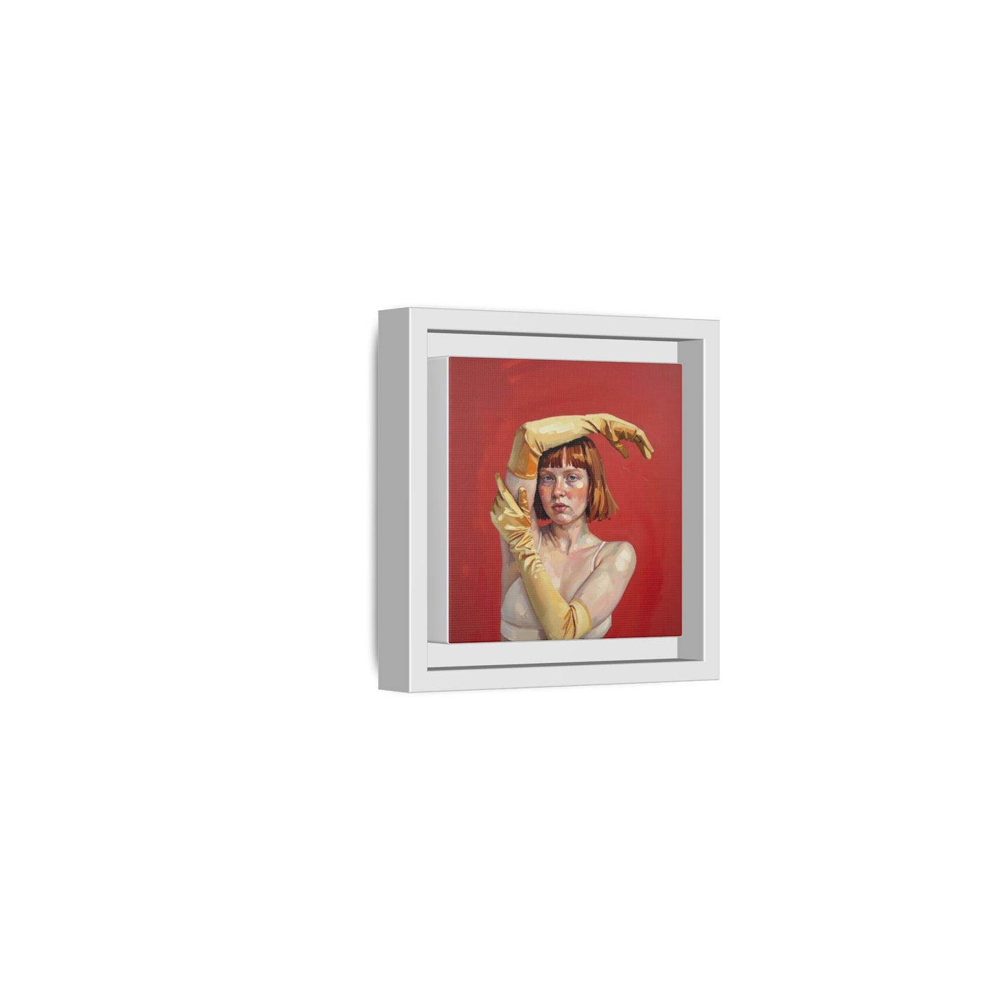 Framed Matte Canvas Art - Portrait of Woman in Yellow Gloves (Red Background)