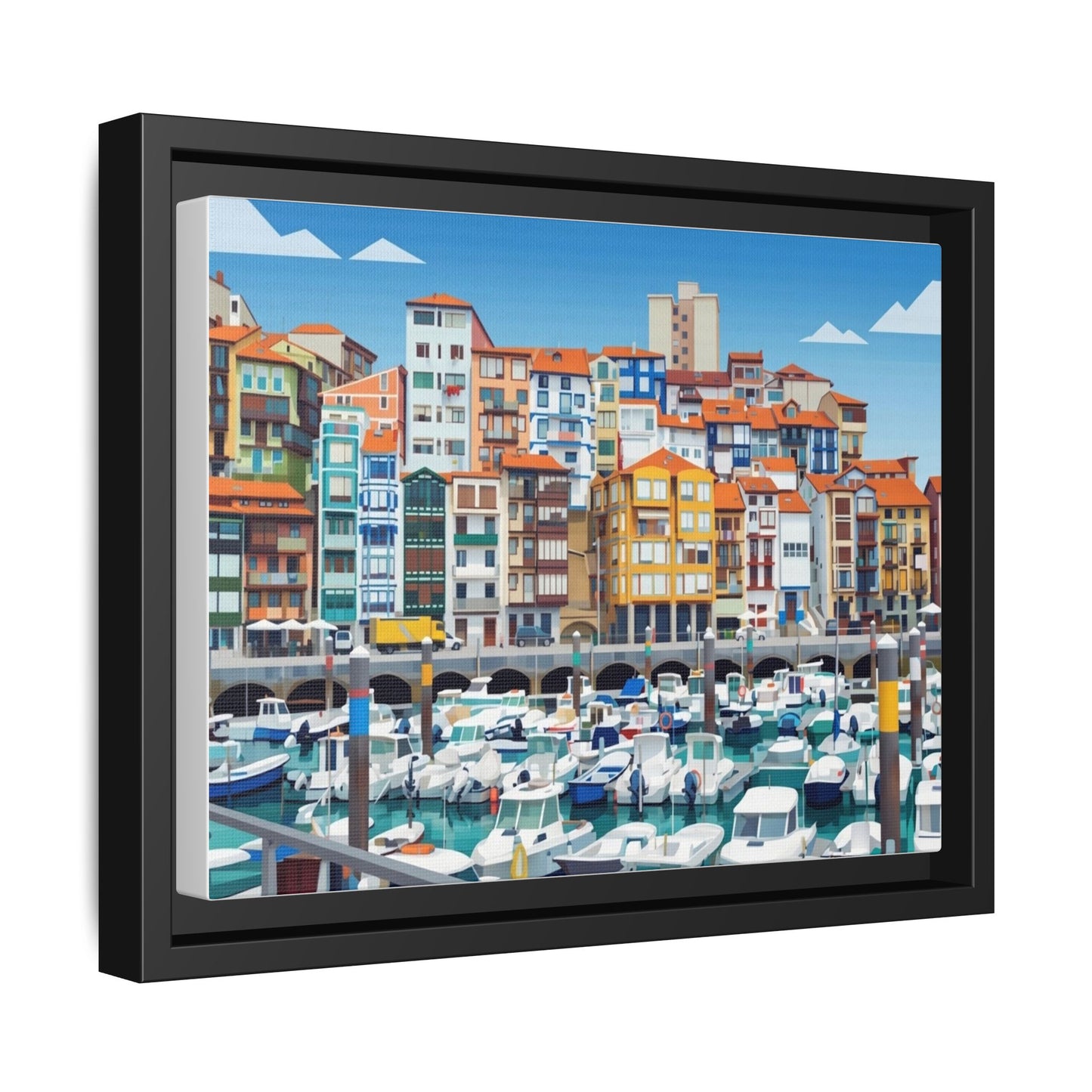 Framed Matte Canvas Print — Colorful Mediterranean Harbor Illustration