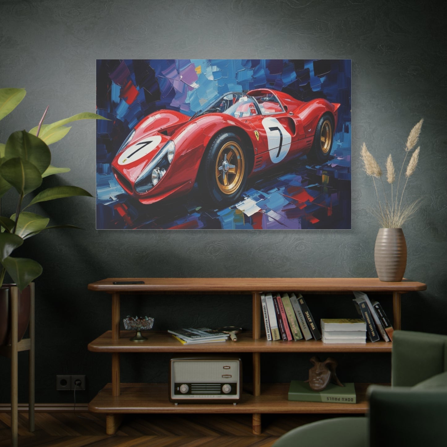 Vintage Ferrari Racing Car Canvas Print — Red Classic Sports Car Artwork (Matte Stretched)
