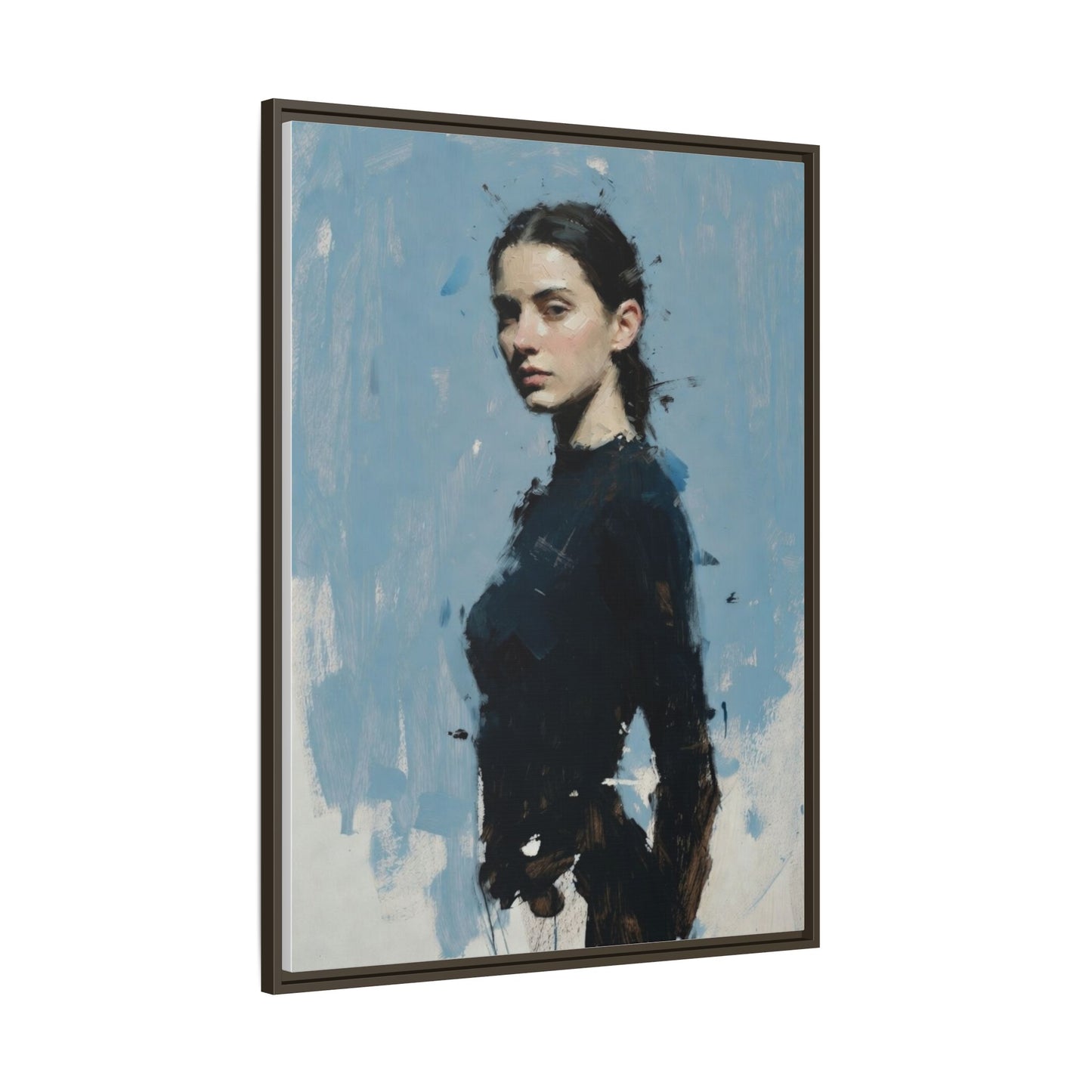 Framed Matte Canvas Portrait Print — Elegant Blue Woman Art