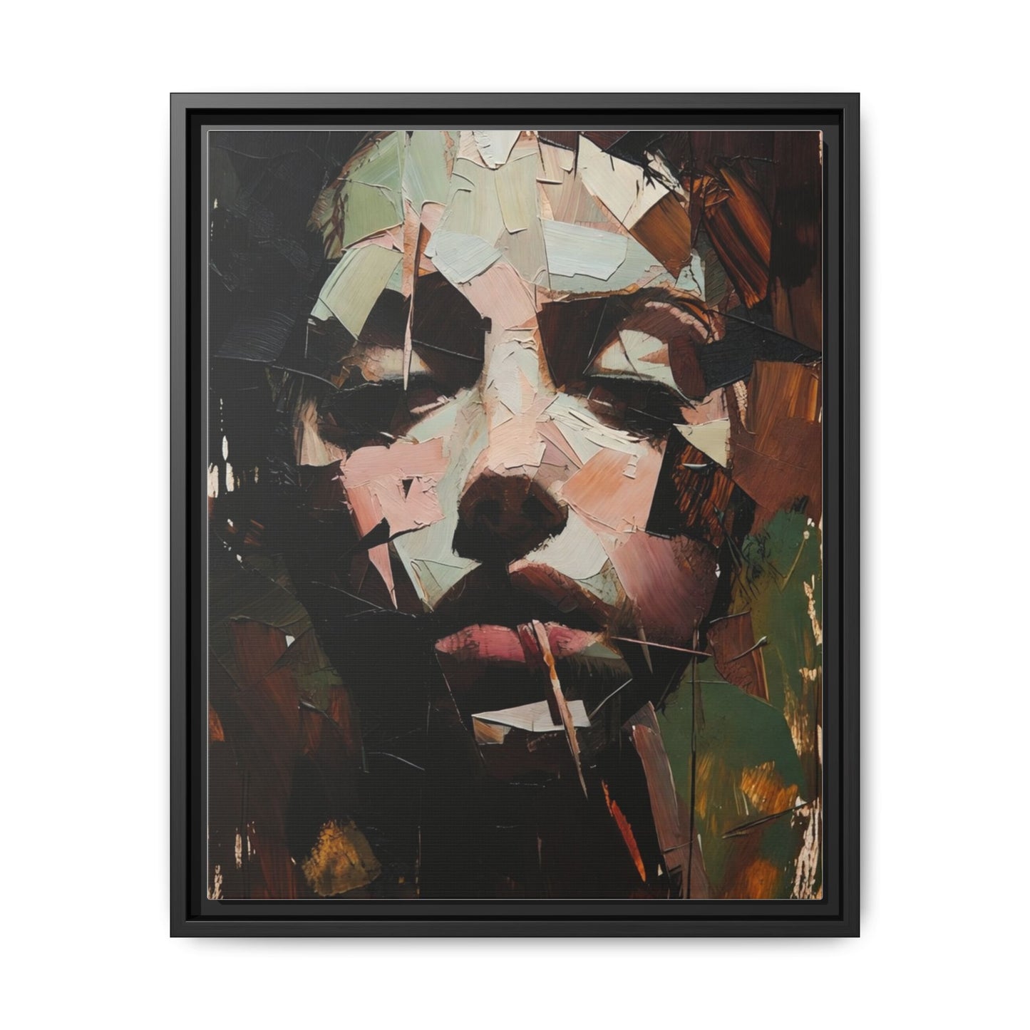 Matte Framed Canvas Art — Abstract Female Portrait, Moody Multicolor
