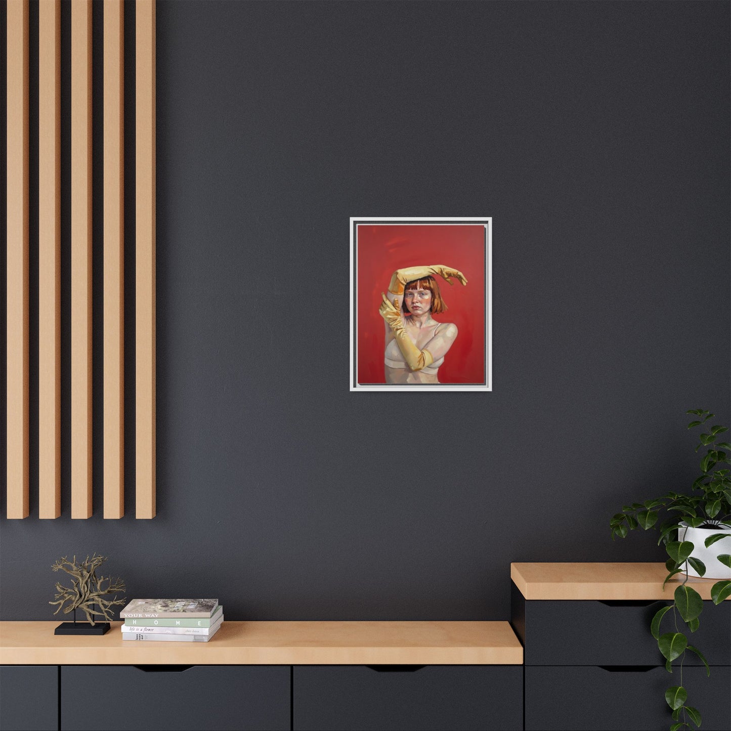 Framed Matte Canvas Art - Portrait of Woman in Yellow Gloves (Red Background)