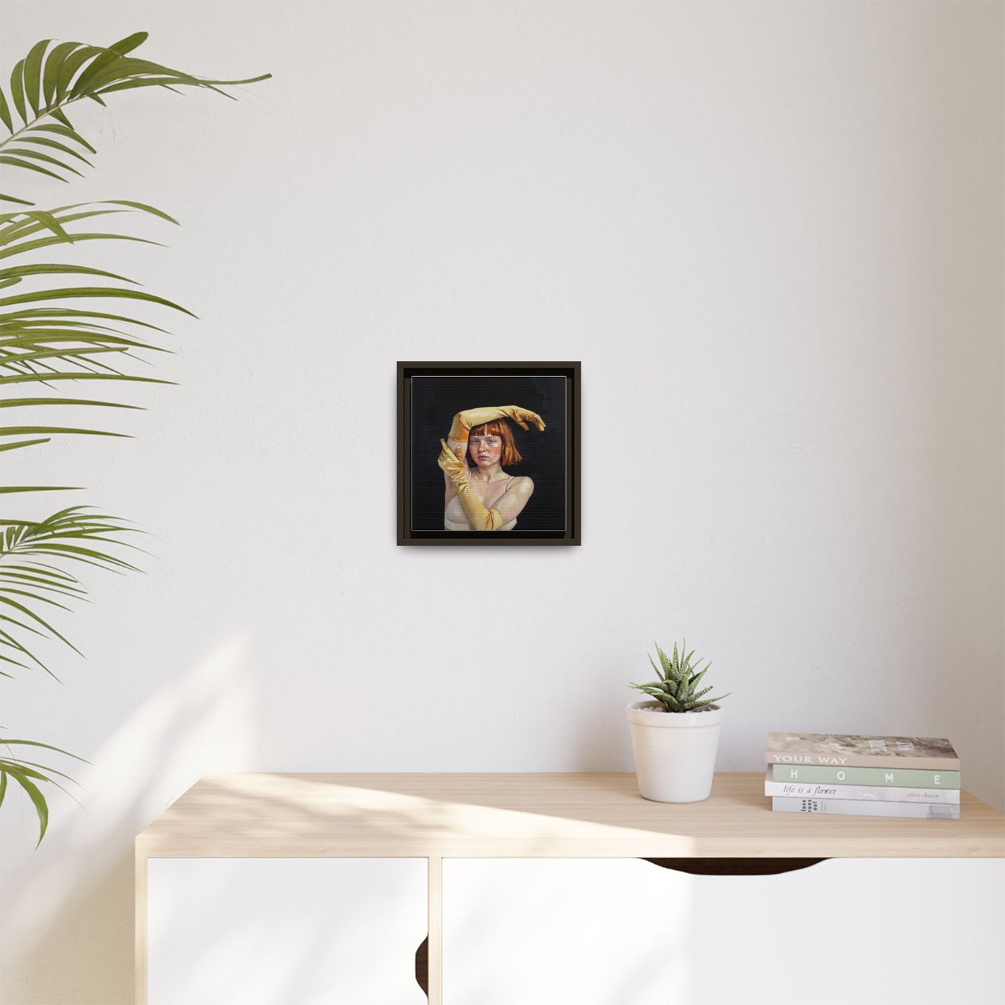 Framed Matte Canvas Art – Portrait of Woman in Yellow Gloves
