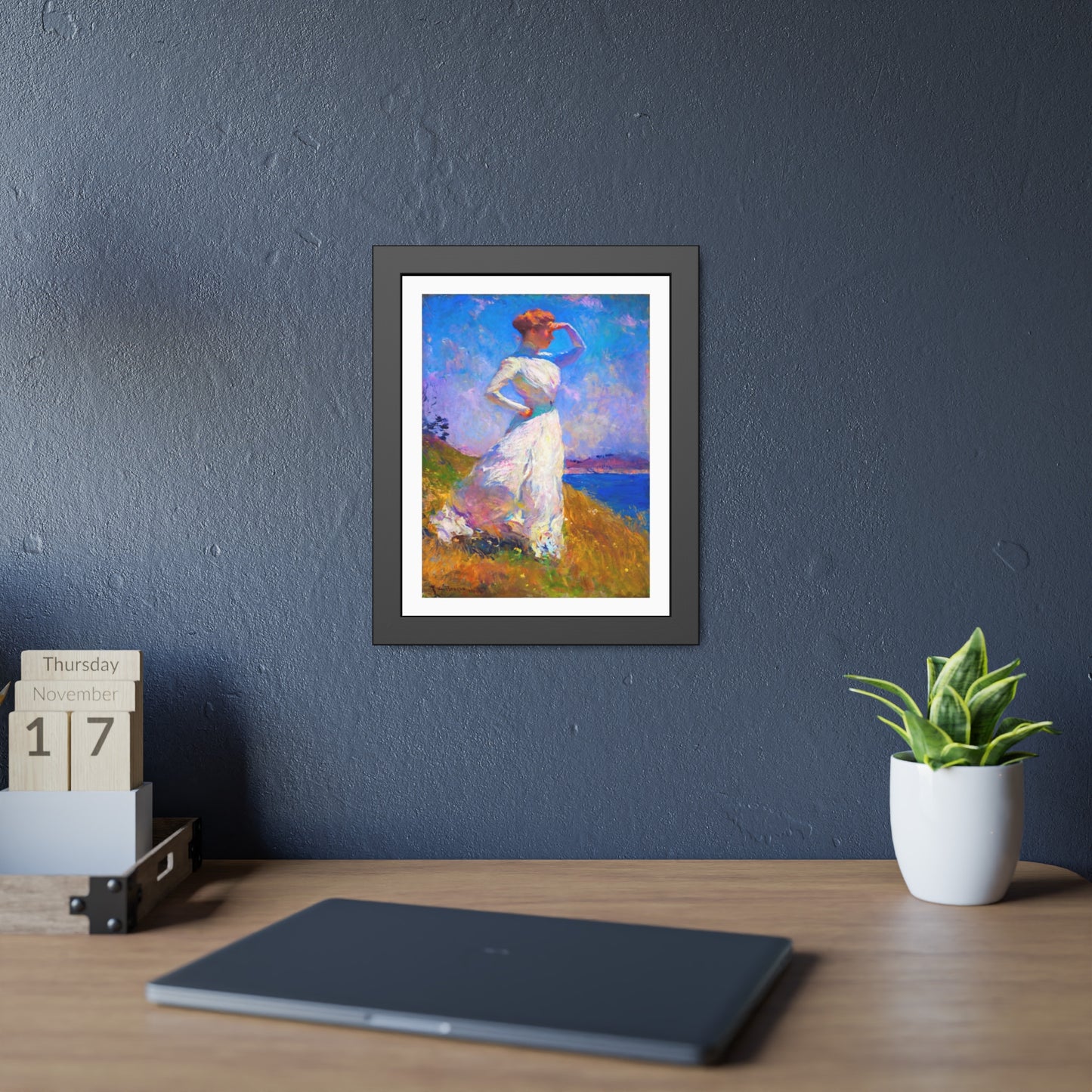 Coastal Impressionist Framed Poster — Woman in White Seaside Art Print