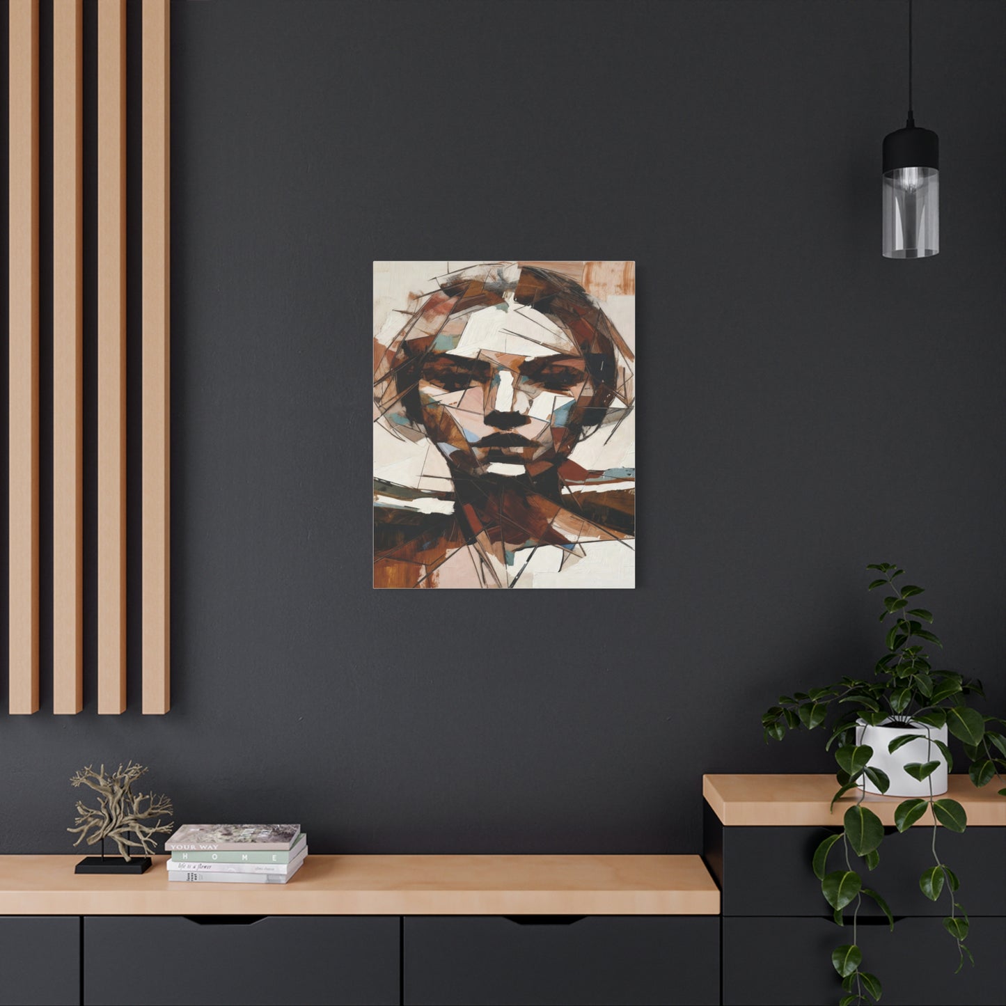 Abstract Geometric Portrait Canvas Print — Modern Brown & Teal Wall Art