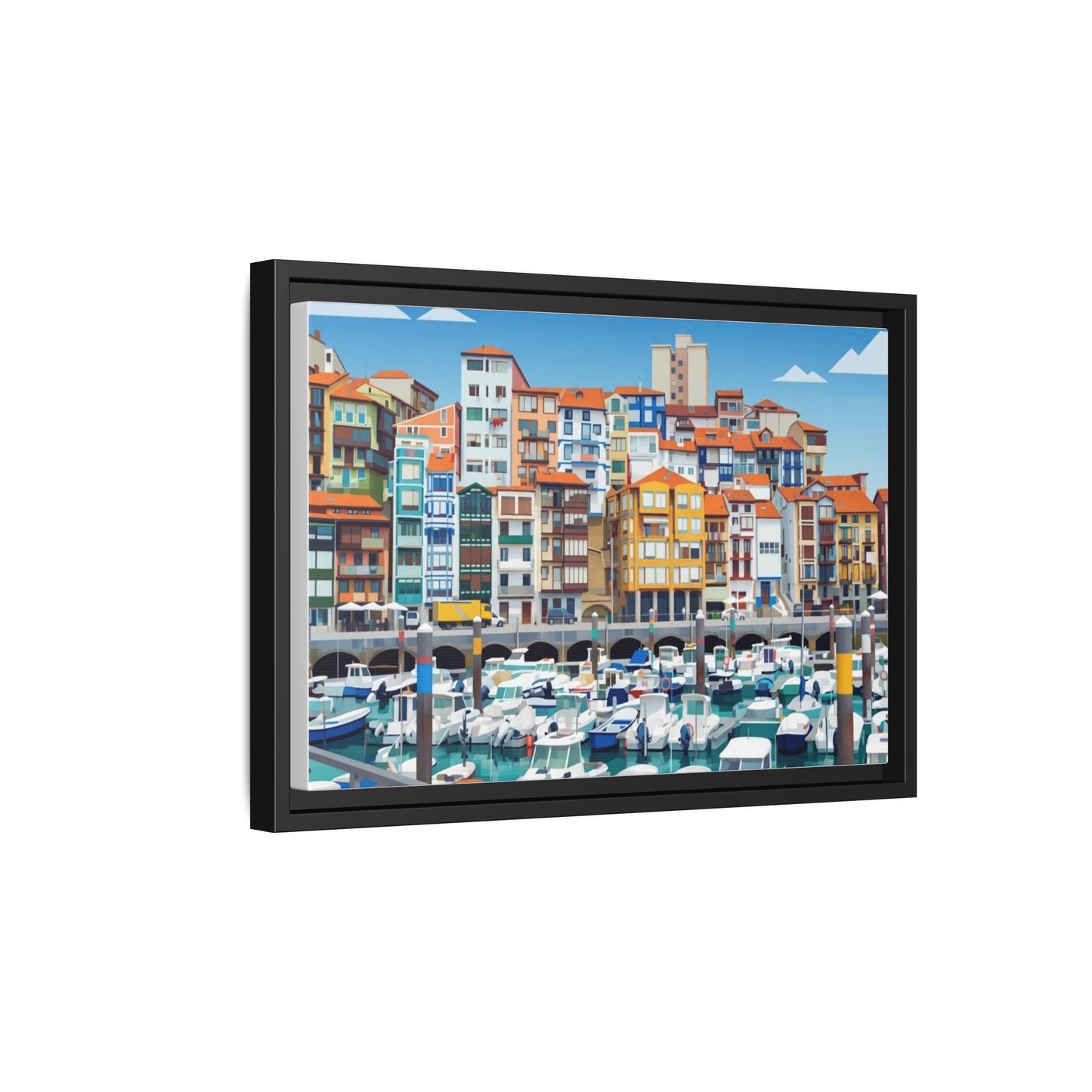 Framed Matte Canvas Print — Colorful Mediterranean Harbor Illustration