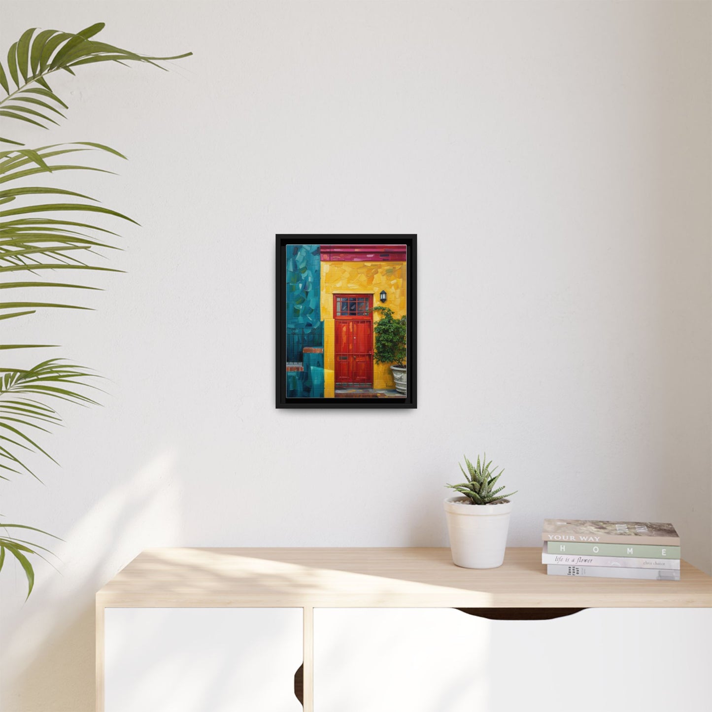 Framed Matte Canvas Wall Art — Colorful Red Door on Yellow Facade