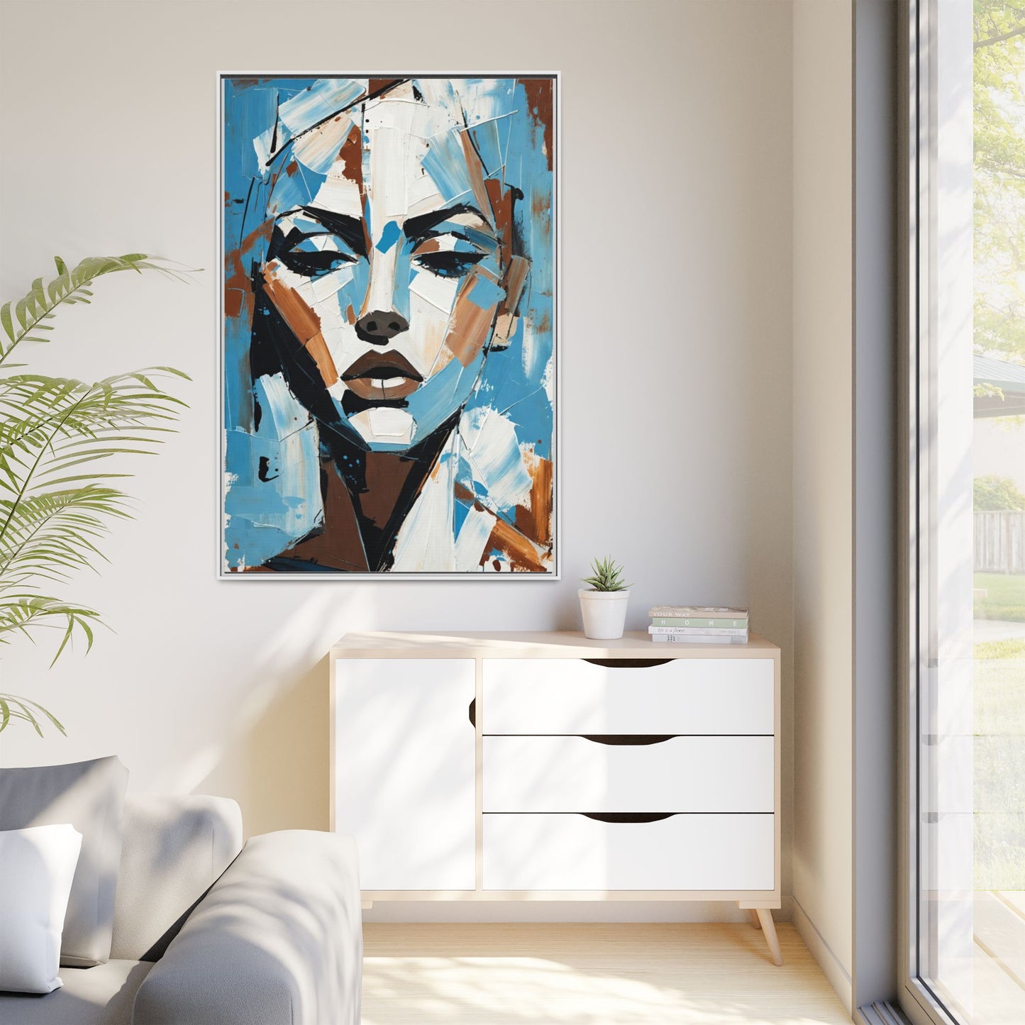 Abstract Blue Face Matte Canvas Wall Art — Framed Modern Portrait Print