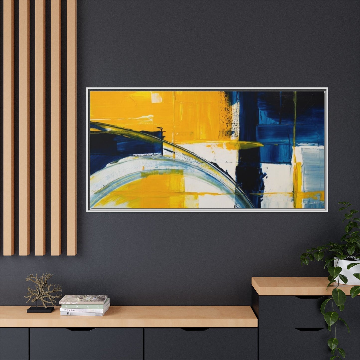 Abstract Yellow & Blue Framed Canvas Wall Art — Modern Matte Canvas Print