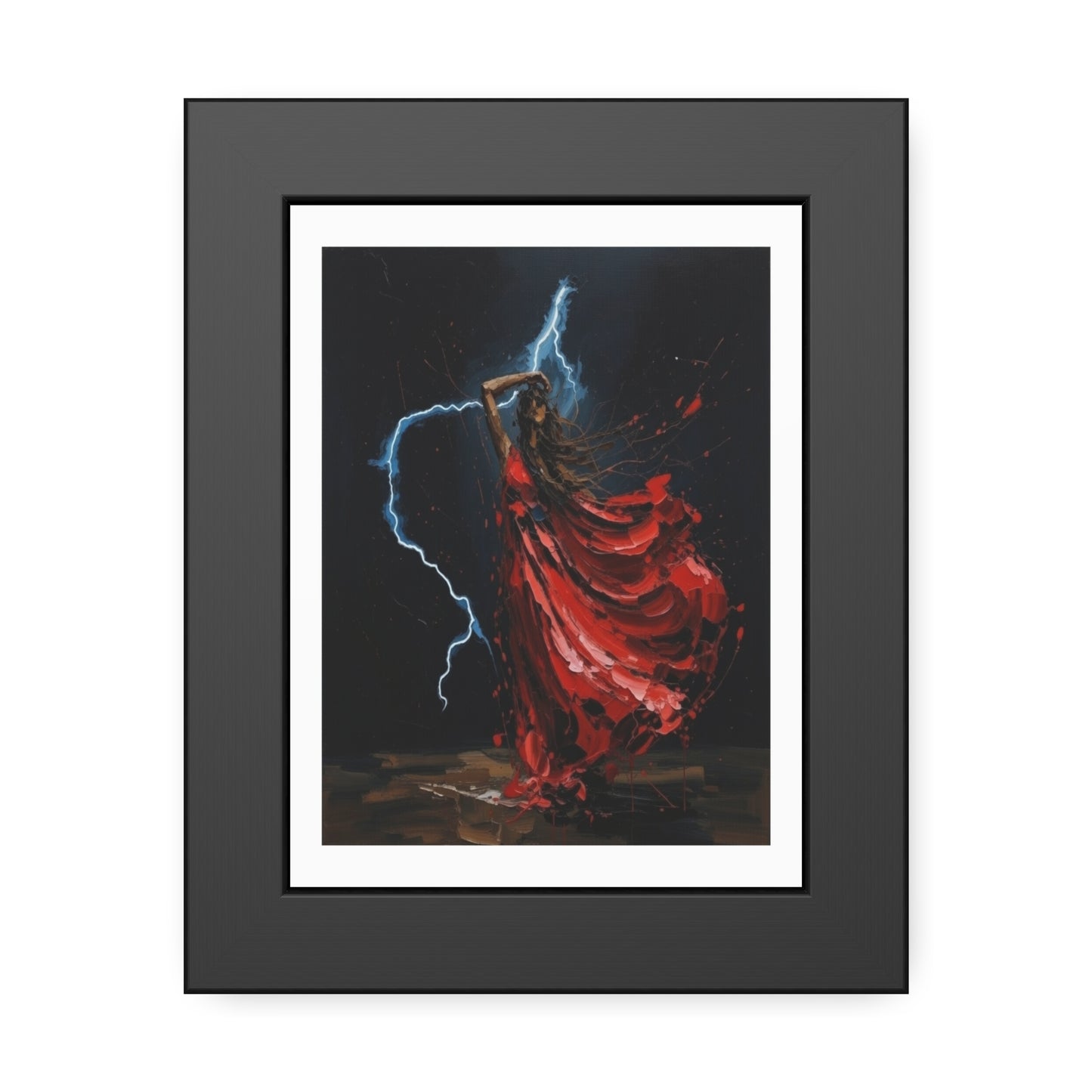 Framed Poster — Red-Dressed Dancer with Lightning Art Print