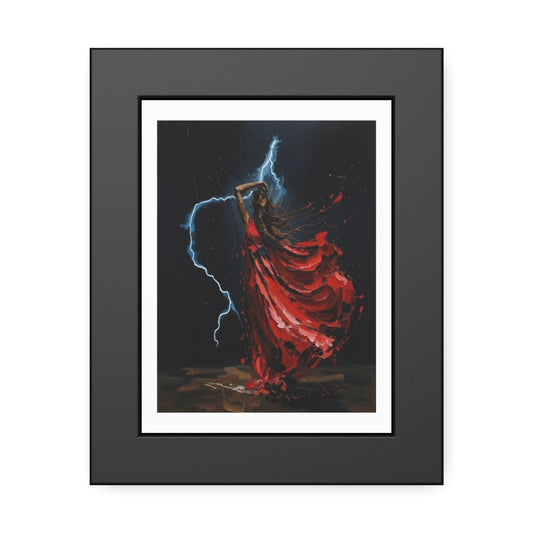 Framed Poster — Red-Dressed Dancer with Lightning Art Print