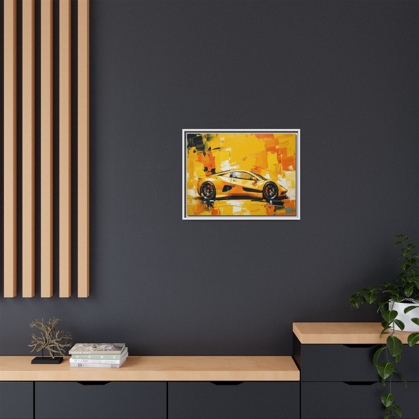 Yellow Sports Car Abstract Matte Canvas Framed Print