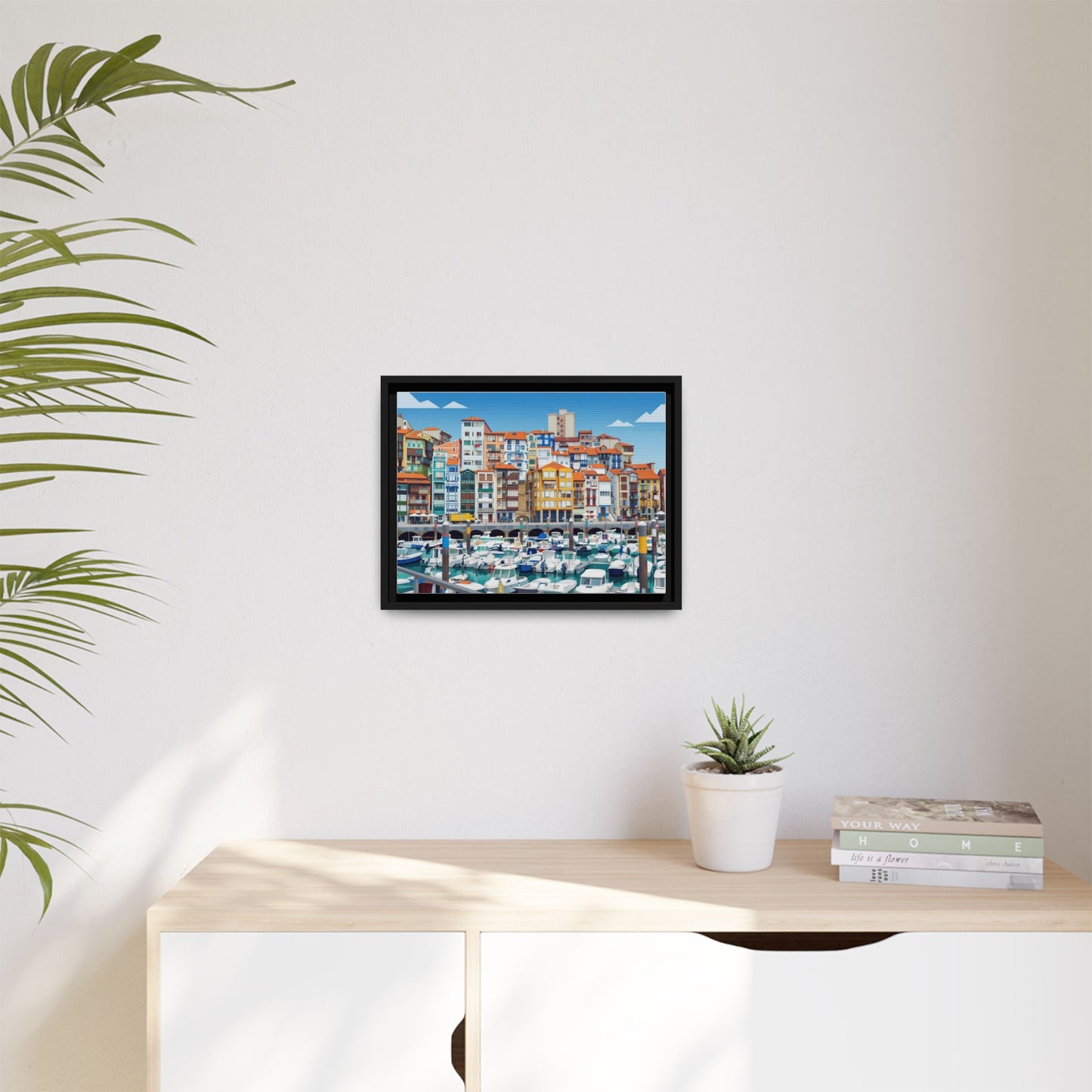 Framed Matte Canvas Print — Colorful Mediterranean Harbor Illustration