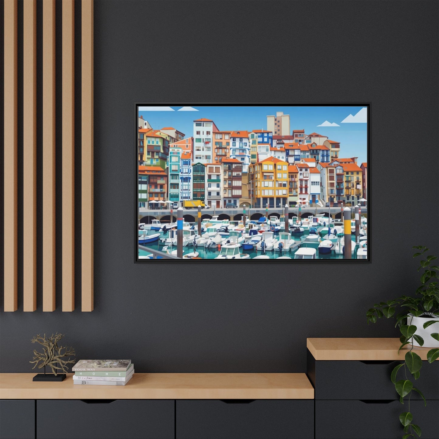 Framed Matte Canvas Print — Colorful Mediterranean Harbor Illustration