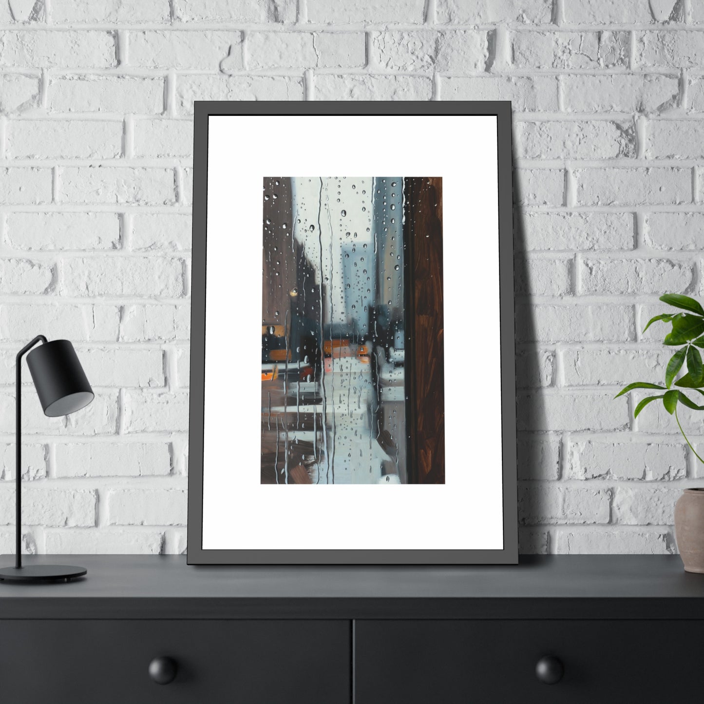 Framed Cityscape Poster — Rainy Window Urban Art Print