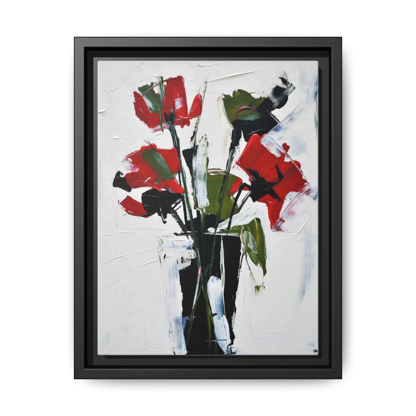 Framed Abstract Floral Canvas Print — Red Poppies in Black Vase