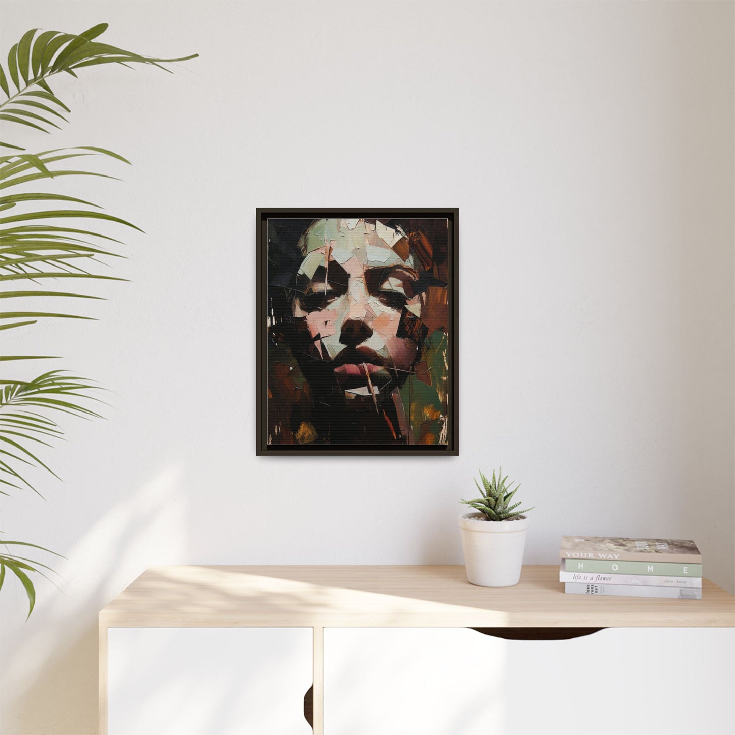 Matte Framed Canvas Art — Abstract Female Portrait, Moody Multicolor