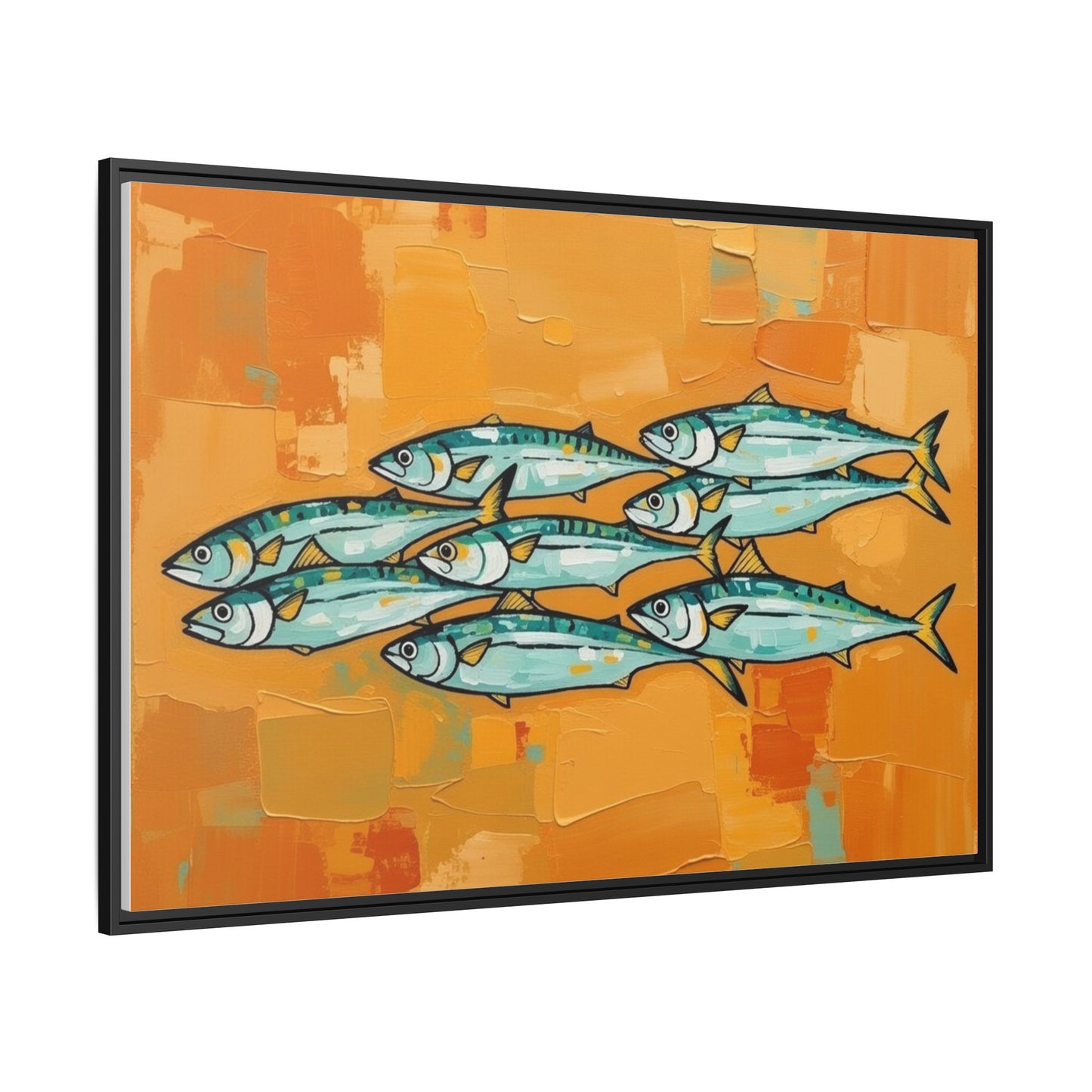 Framed Matte Canvas Print — School of Blue Fish on Orange Abstract Background