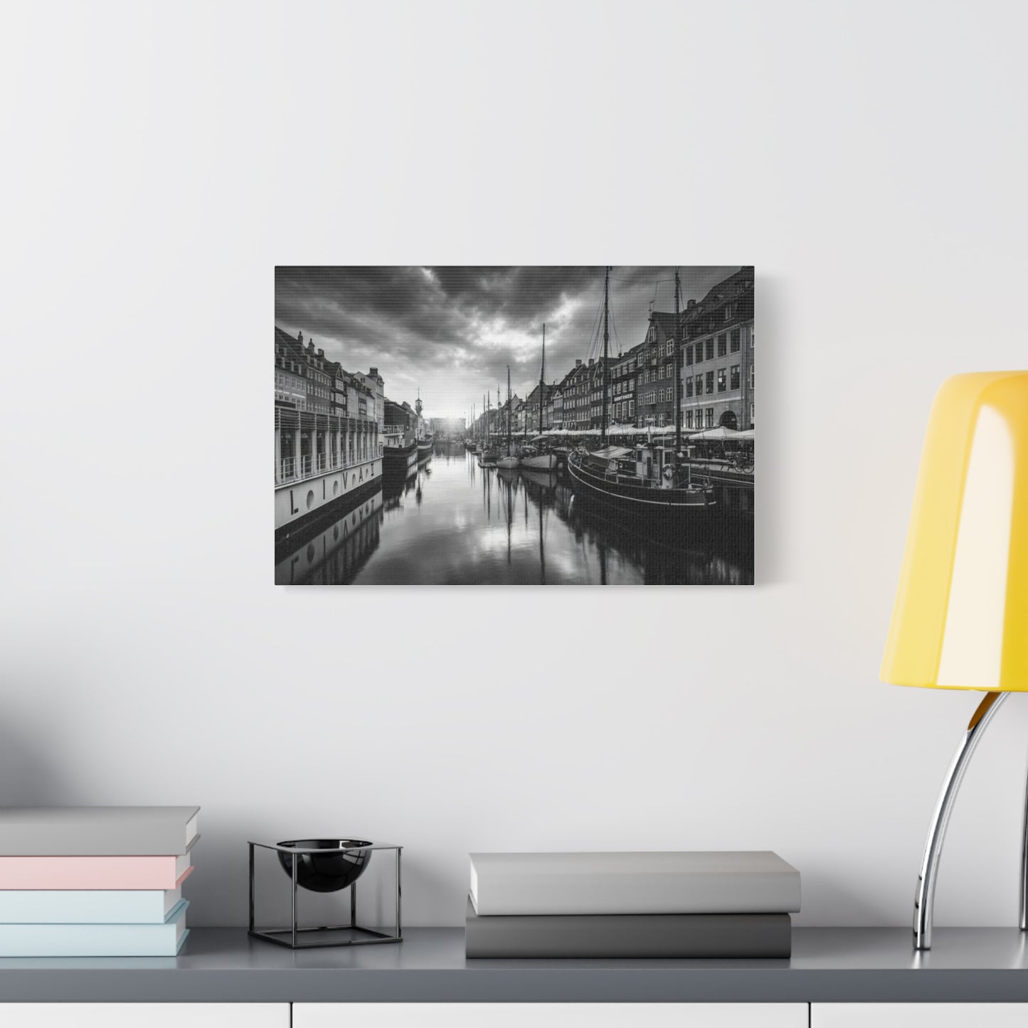Black & White Harbor Canvas Print — Dramatic Copenhagen Cityscape Wall Art