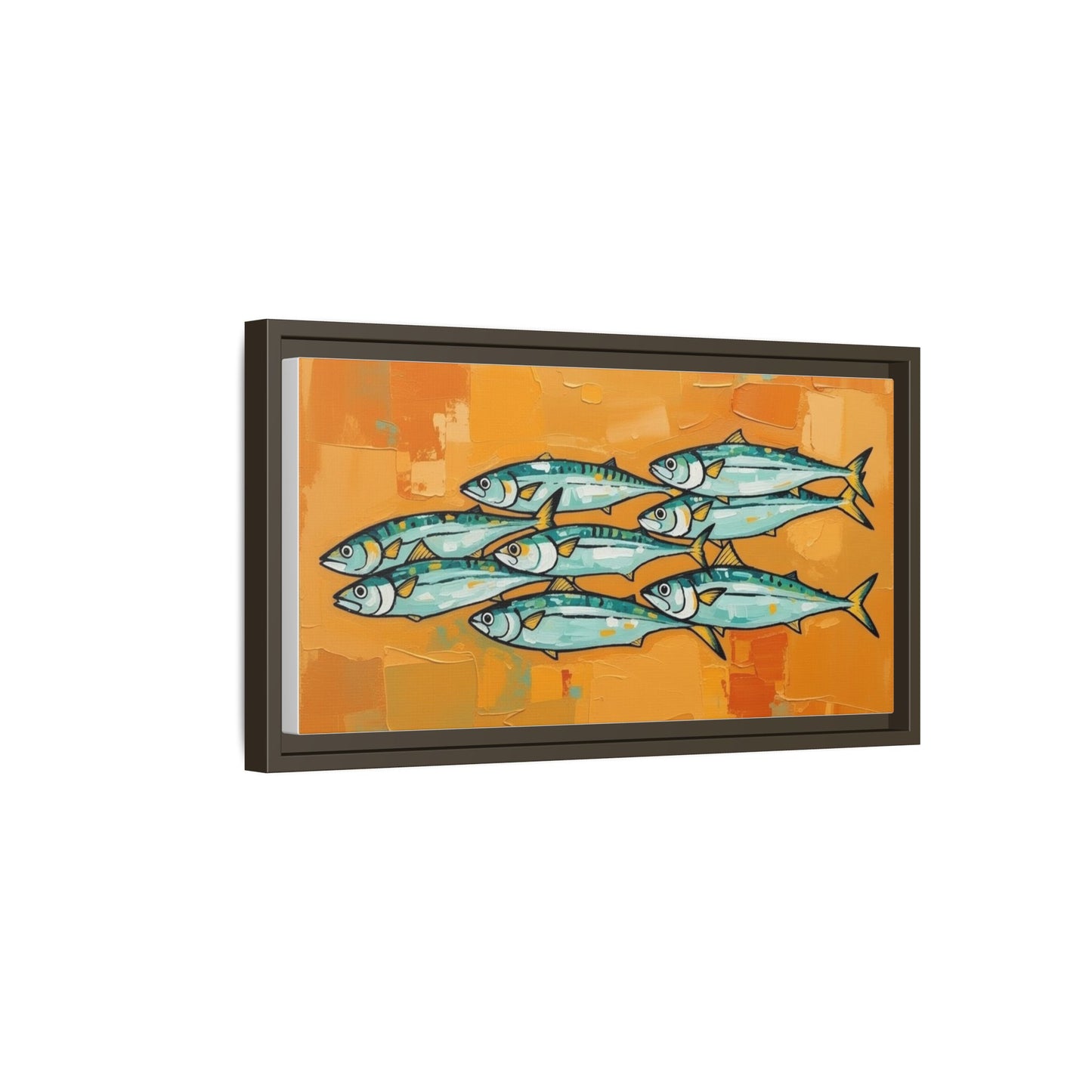 Framed Matte Canvas Print — School of Blue Fish on Orange Abstract Background
