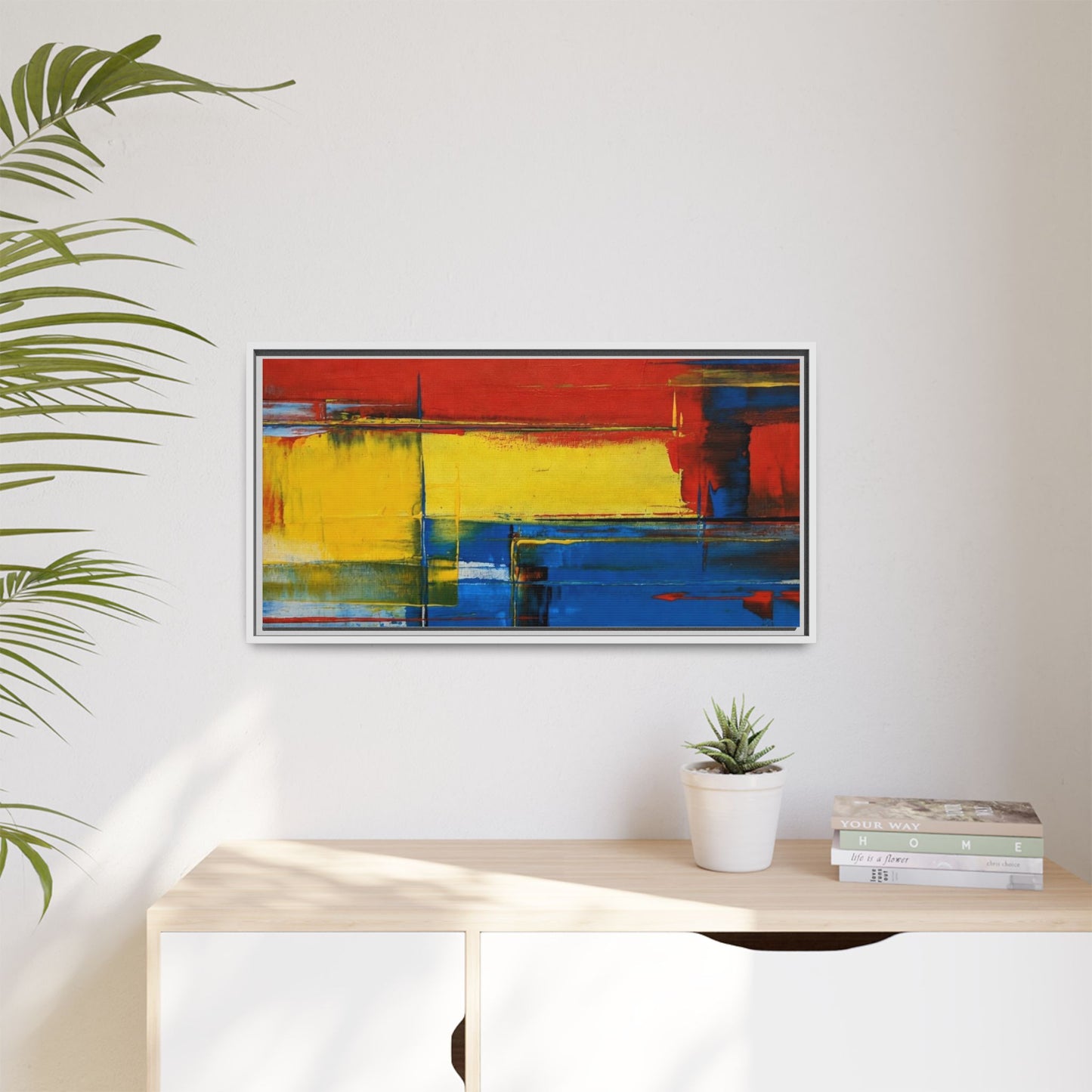 Abstract Color Block Matte Canvas Framed Wall Art — Modern Red Yellow Blue Painting