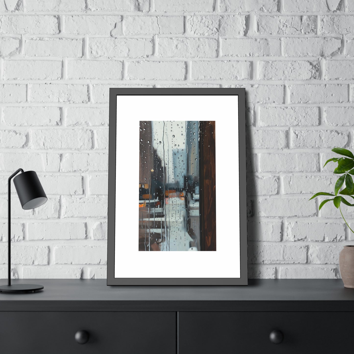 Framed Cityscape Poster — Rainy Window Urban Art Print
