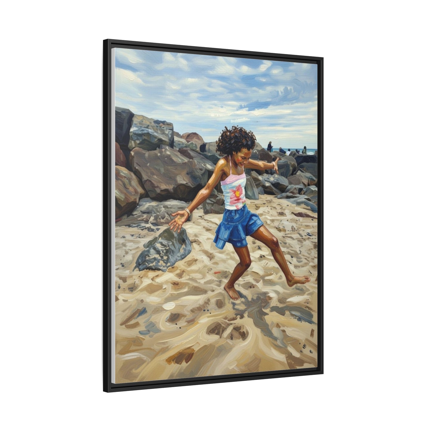 Framed Canvas Art - Girl Dancing on the Beach (Matte Multi-Color)