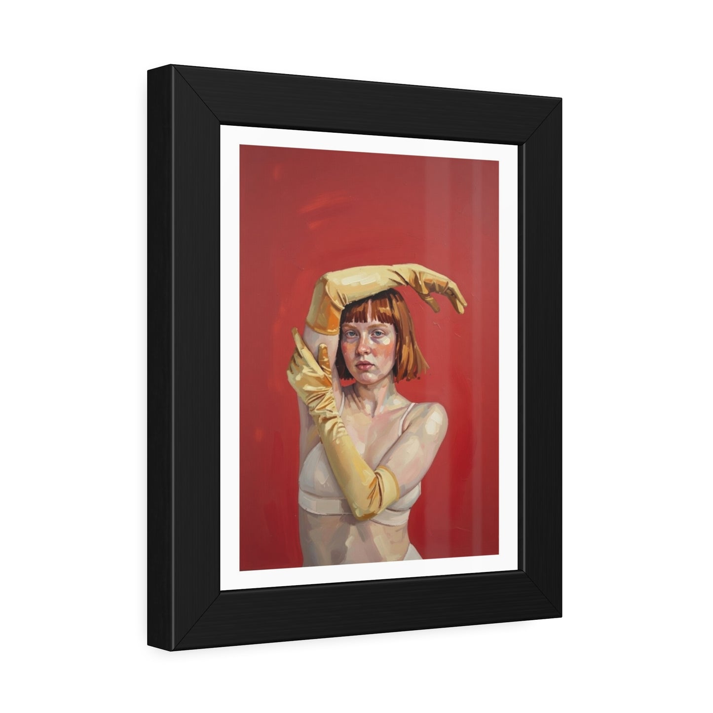 Framed Art Print — Retro Portrait with Yellow Gloves on Red Background