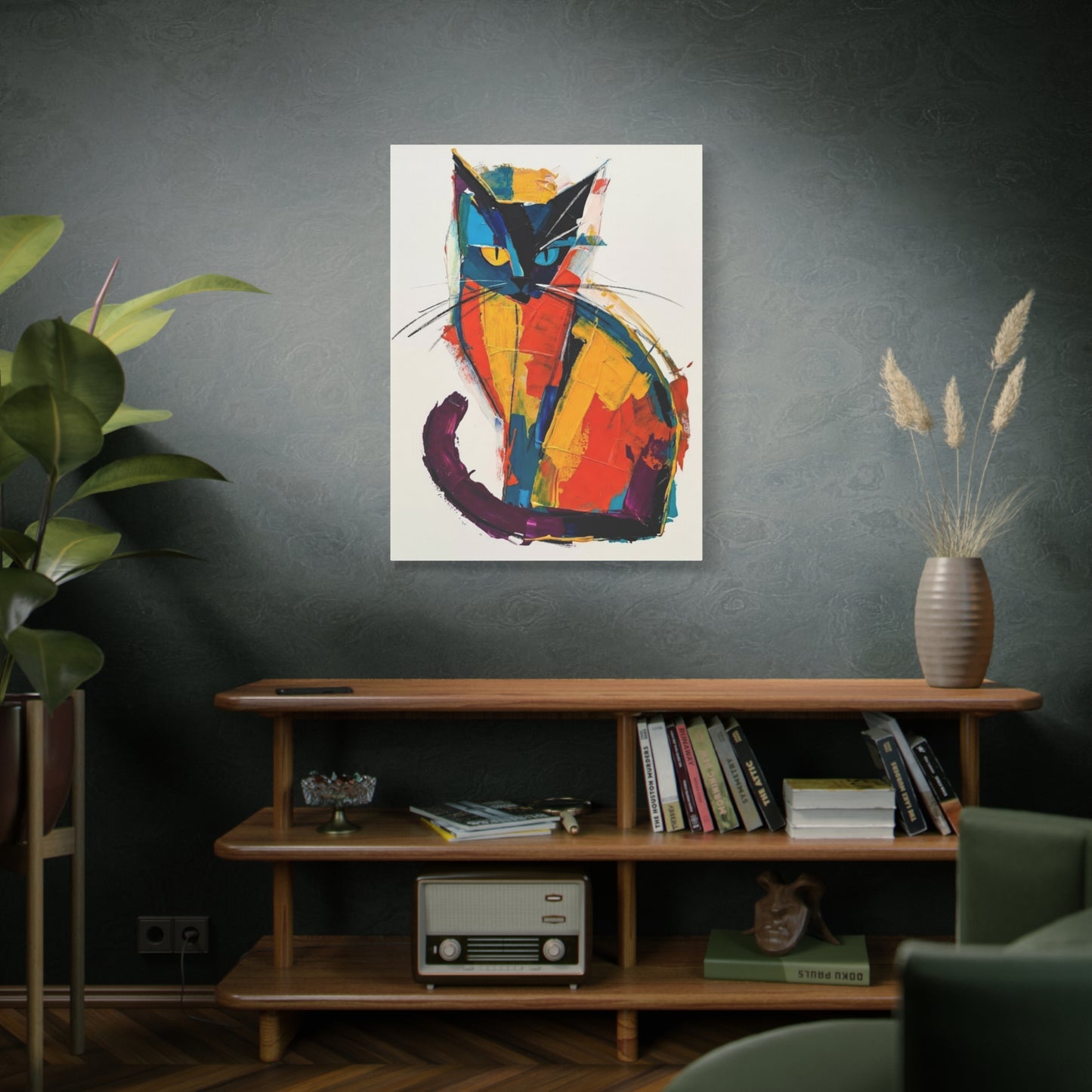 Colorful Abstract Cat Canvas Art - Modern Stretched Matte Wall Decor